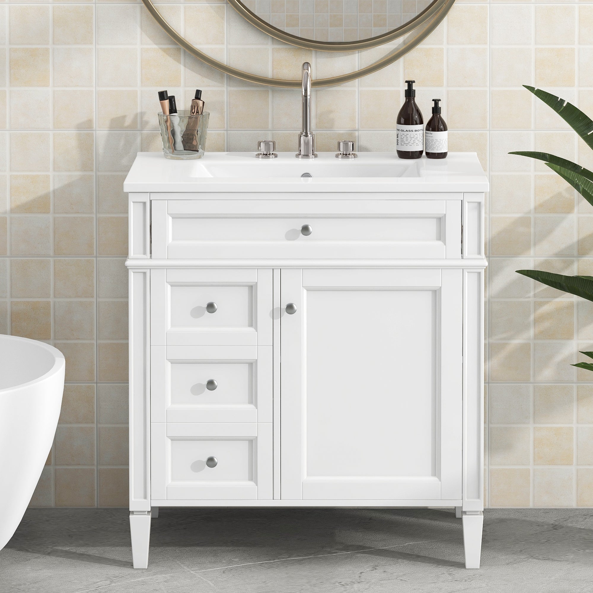 30 inch modern single sink bathroom vanity, angled view with drawers