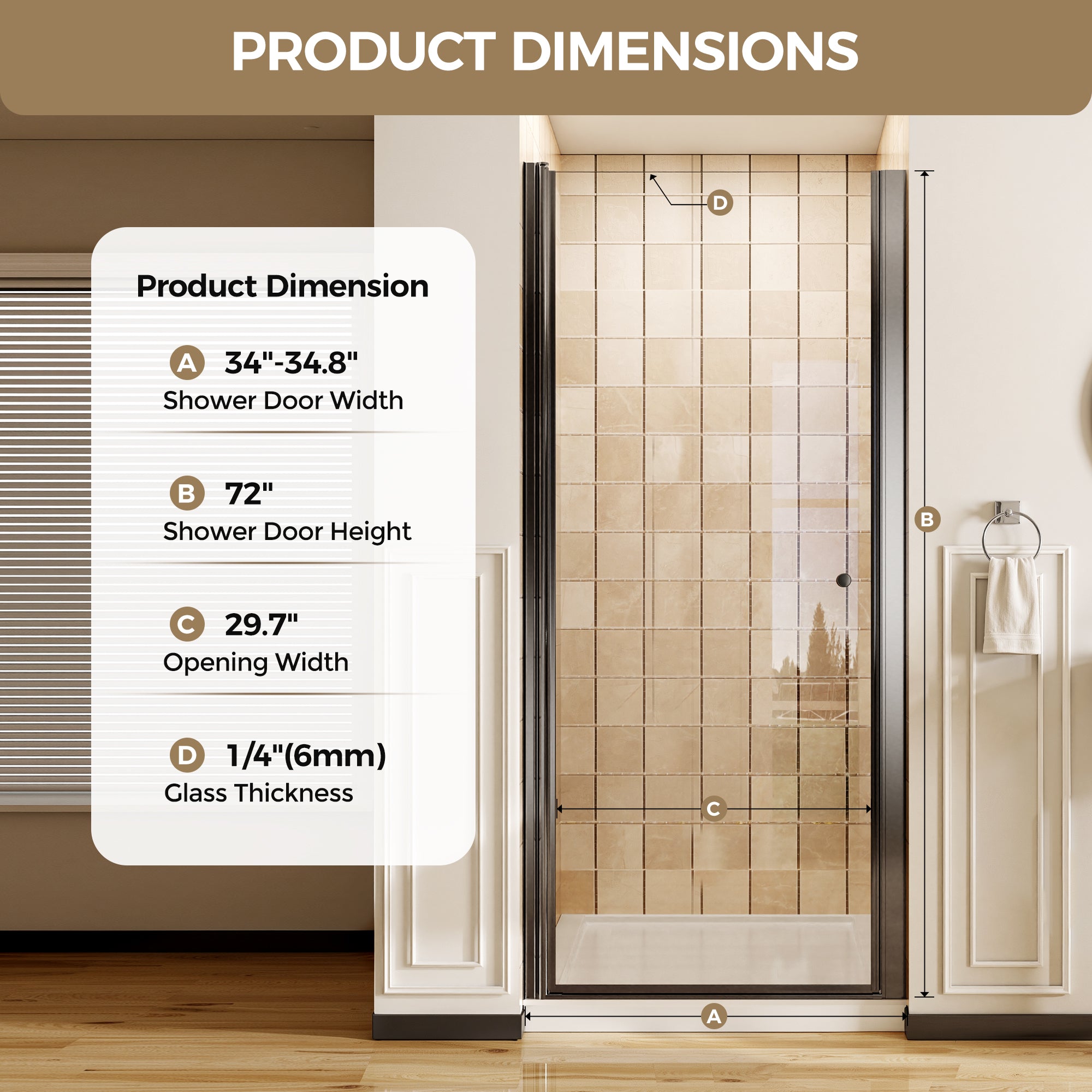 28-34.8 x 72 in Matte Black Frameless Pivot Shower Door - 34-34.8 x 72 in / Matte Black view 2
