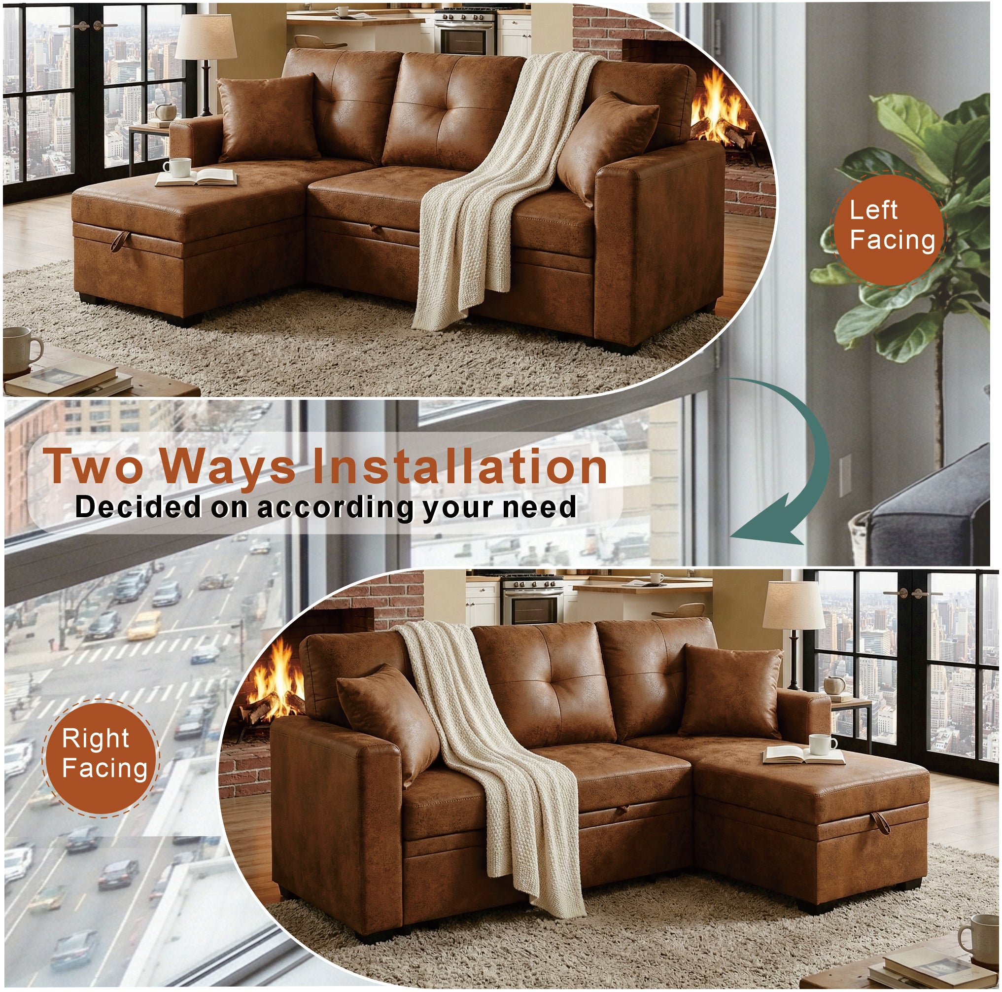 Light brown sectional sofa showing reversible chaise configuration