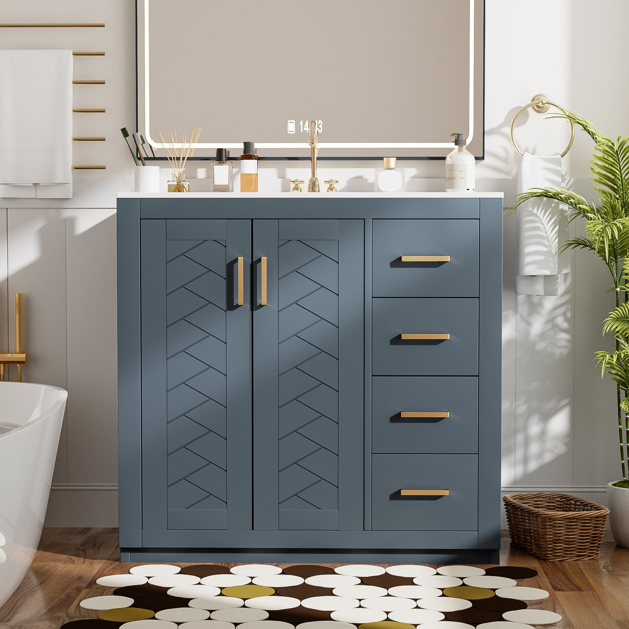 Freestanding bathroom vanity showing 3 drawers and soft-closing cabinet doors