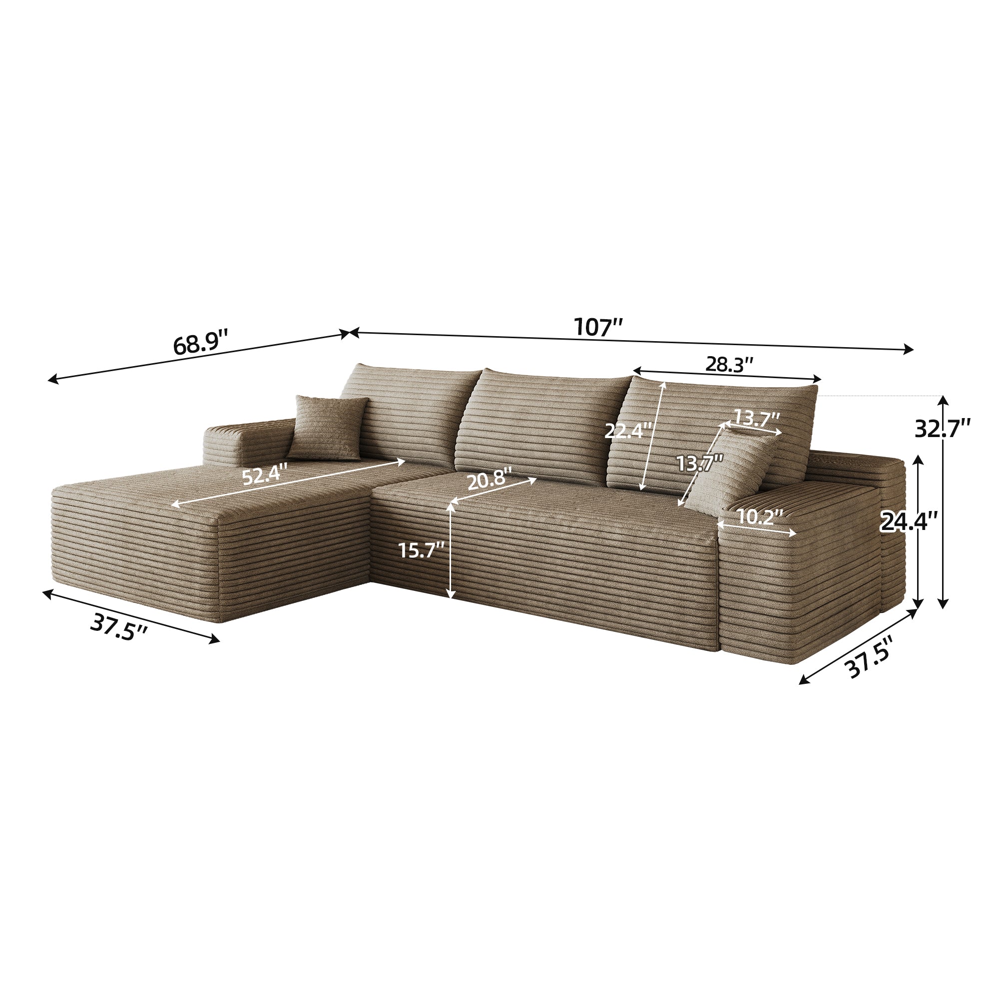 107 inch modern modular sectional sofa in camel, room setting