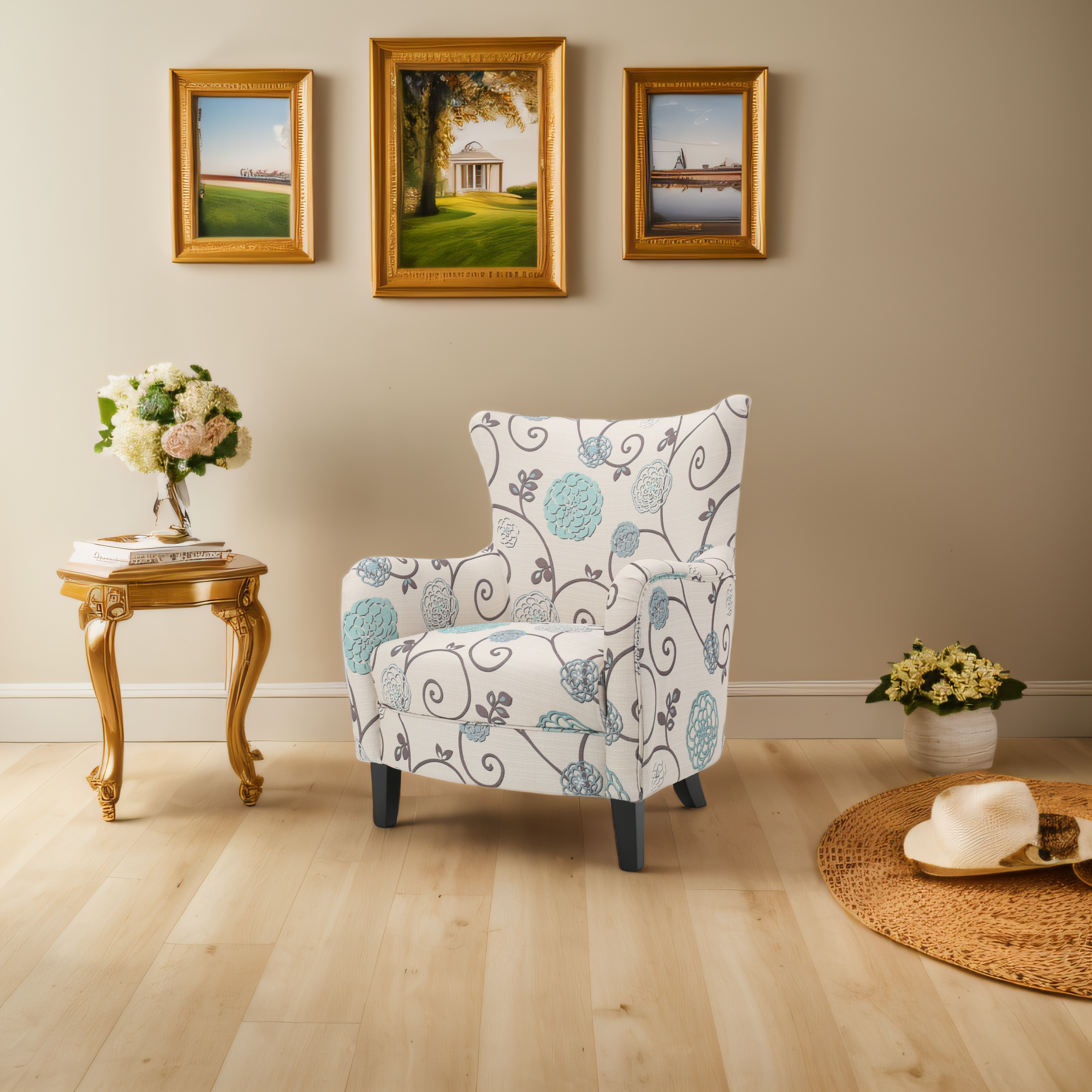 Elegant Vintage Fabric Club Chair, White and Blue Floral Pattern, Stylish Armchair for Classic Home Decor, Comfortable Seating for Relaxing Evenings