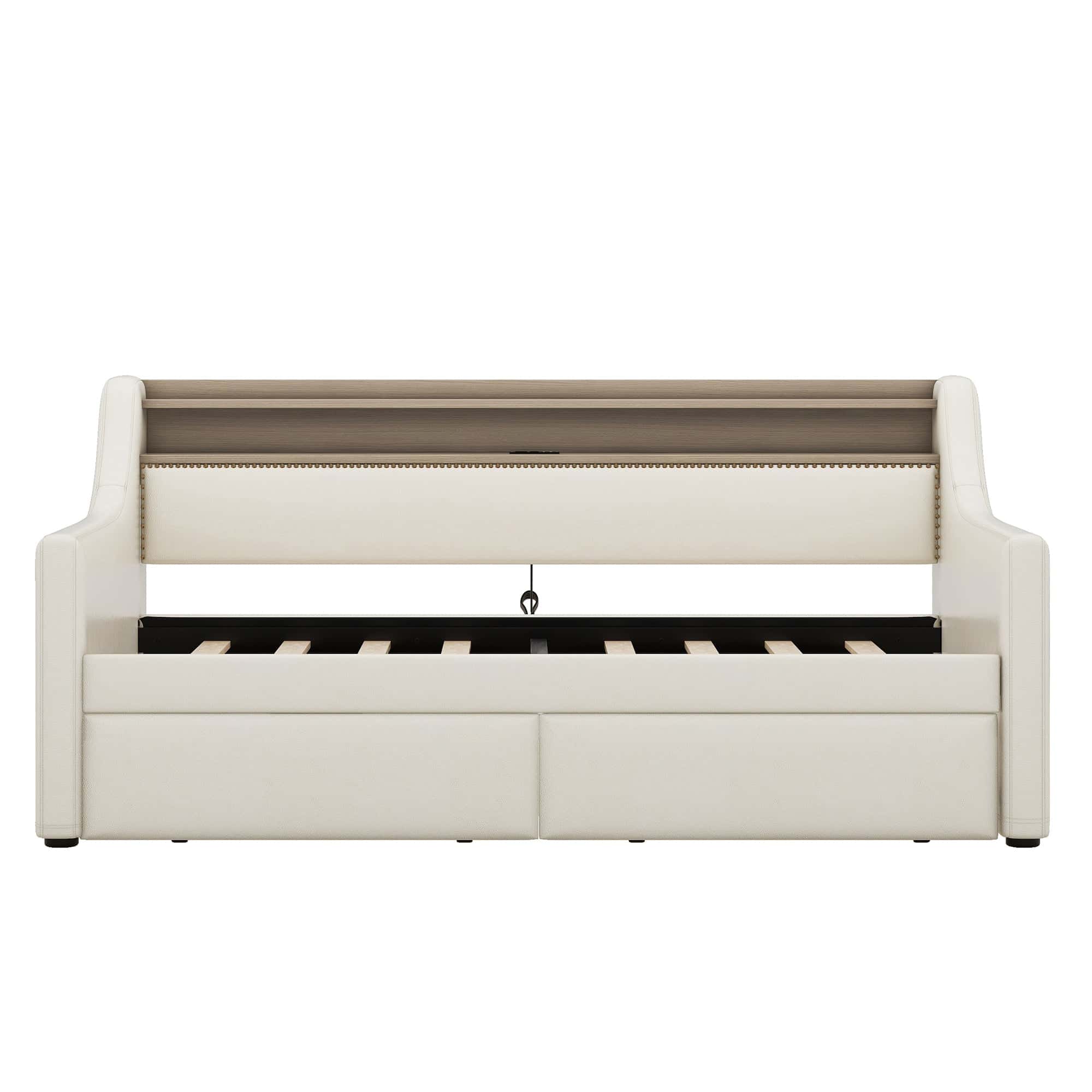 Twin Size Daybed with Storage Drawers, Upholstered Daybed with Charging Station and LED Lights, Beige (Old Item W1580S00022)