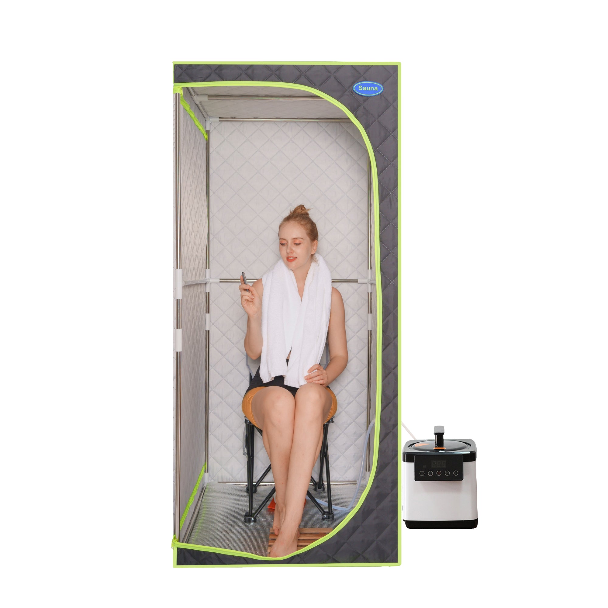 Portable Plus Type Full Size Steam Sauna tent. Spa, Detox ,Therapy and Relaxation at home.Larger Space,Stainless Steel Pipes Connector Easy to Install, with FCC Certification--Black(Green binding)
