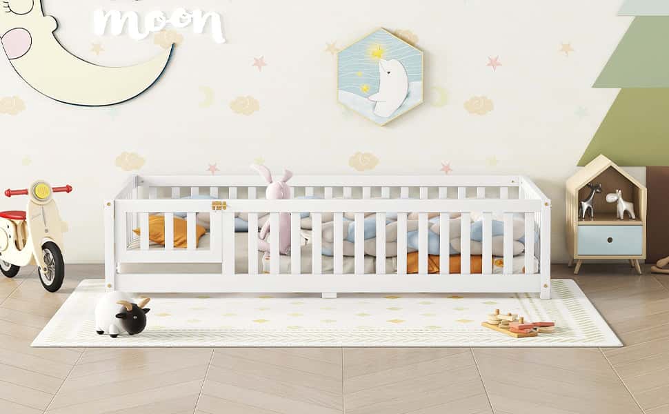 Twin Size Bed Floor Bed with Safety Guardrails and Door for Kids, White(Old SKU:W158090683)
