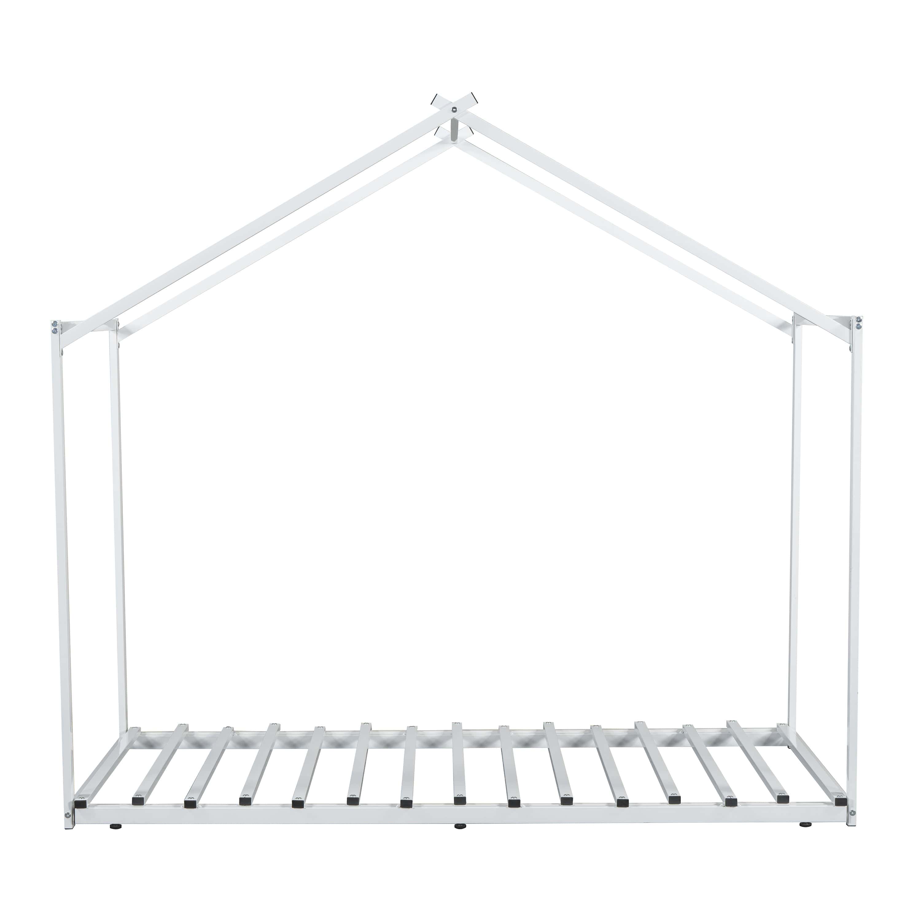 Metal Twin Size House Platform Bed with Trundle, White