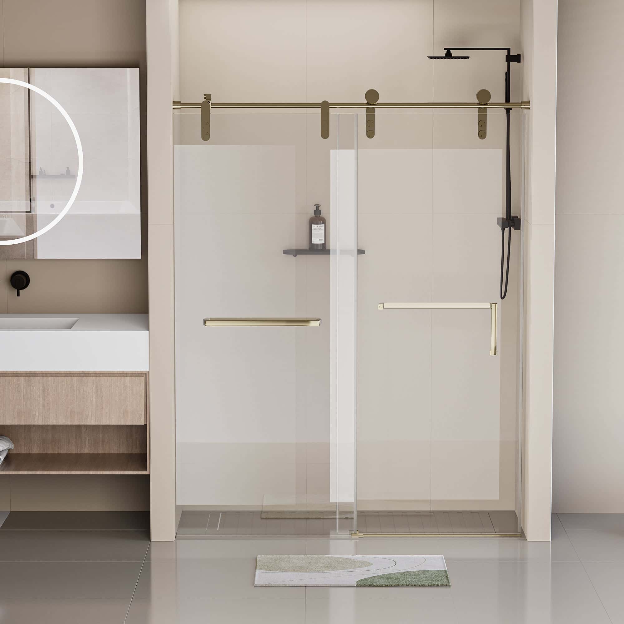56-60"W x 76"H Frameless Shower Door, Single Sliding Shower Door, 5/16" (8mm) Clear Tempered Glass Shower Door with Explosion-Proof Film, Stainless Steel Hardware, Gold 24D210-60G-COMBO