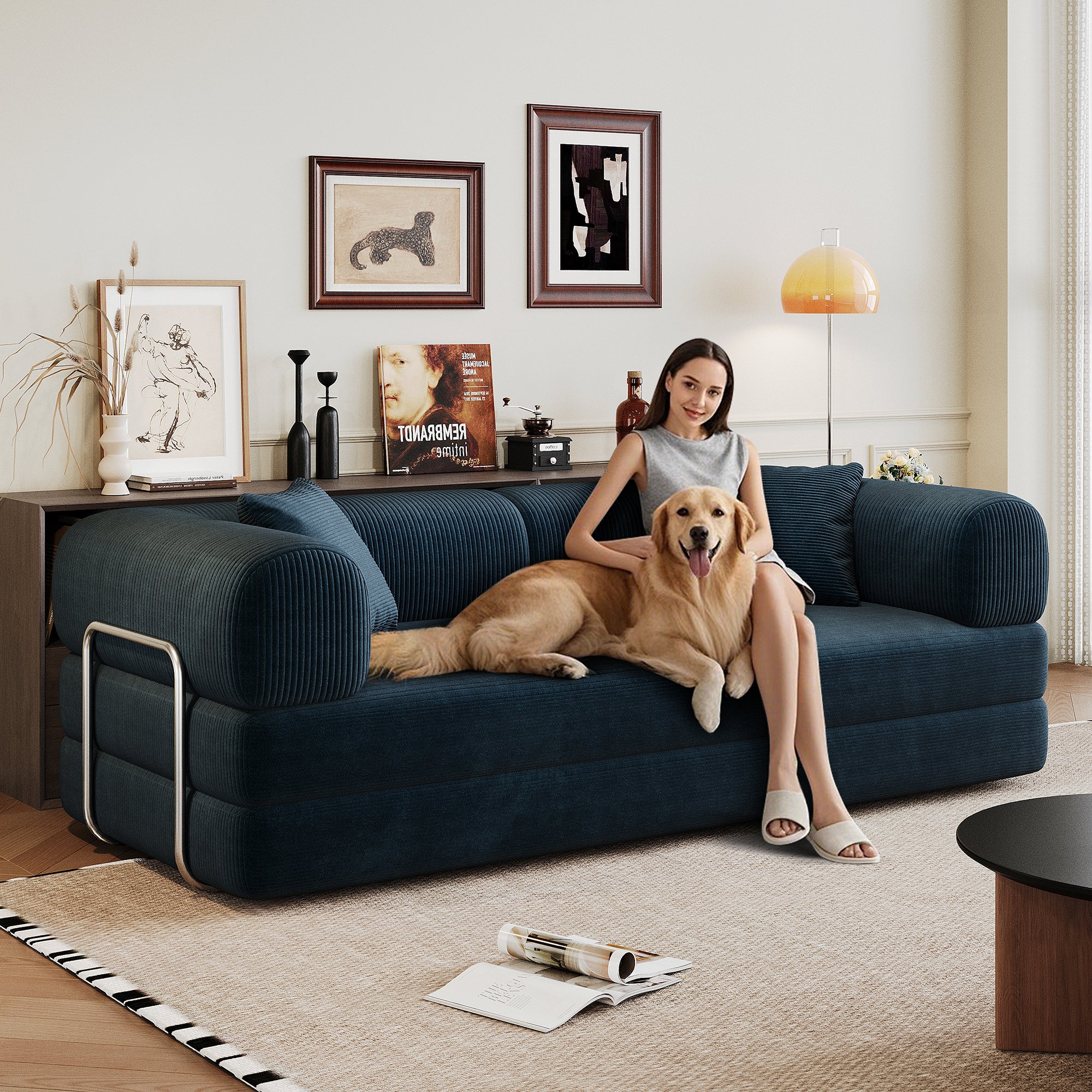 Blue corduroy boneless modular sectional sofa, full configuration view