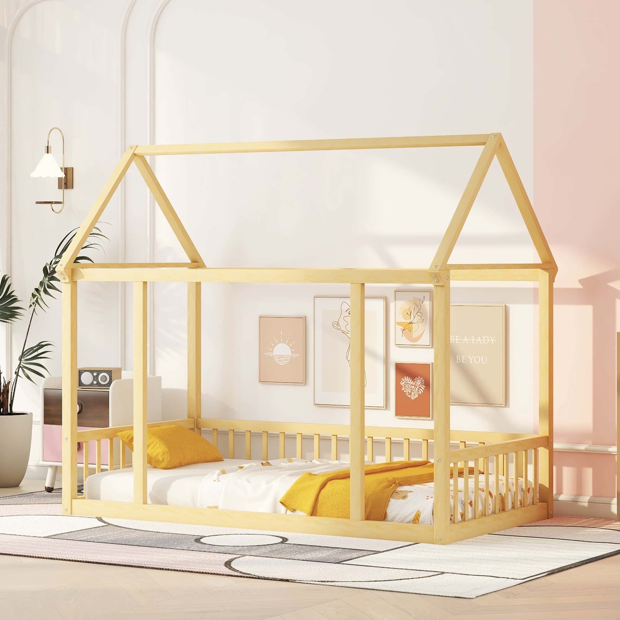 Twin Size Floor Wooden Bed with House Roof Frame and Safety Guardrails,Natural