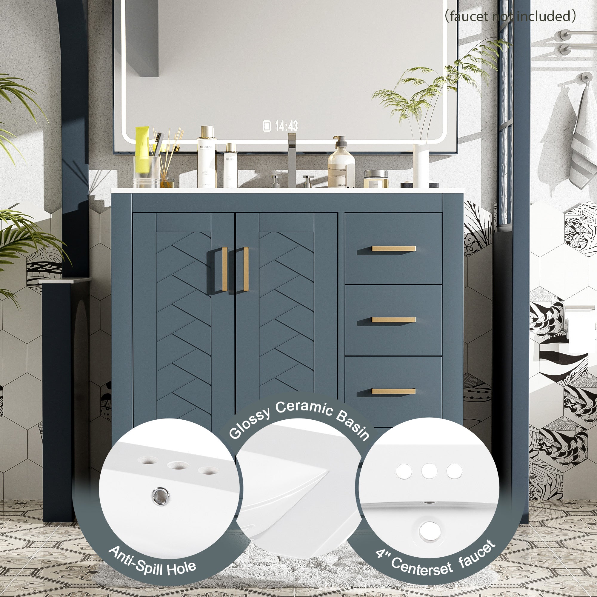 Open drawer storage detail of solid wood bathroom vanity