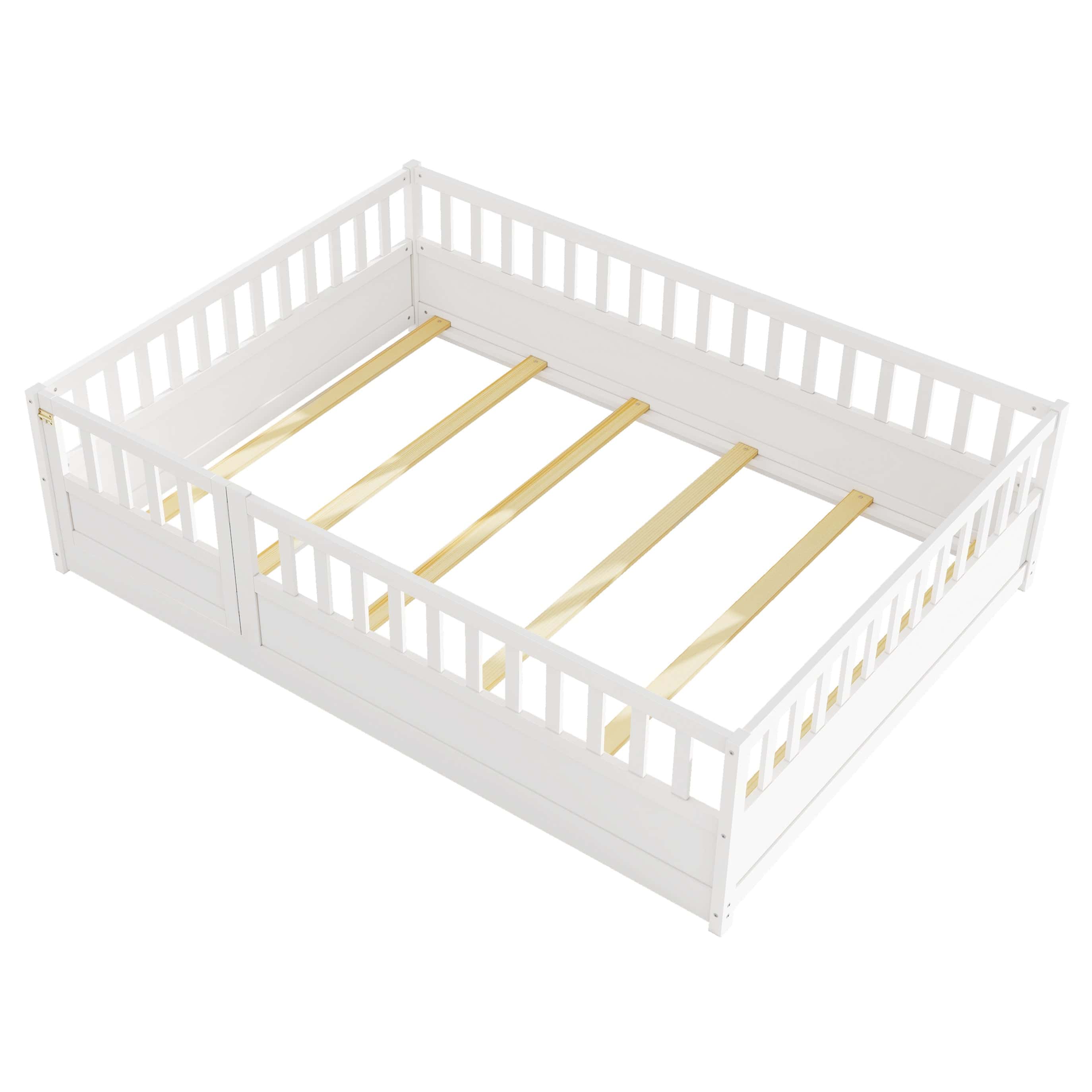 Full size Floor bed, integral construction with super high security barrier, door, children's floor bed frame, Montessori wooden children's floor bed, Support slat white