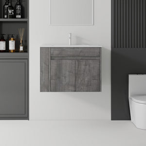 30 inch floating bathroom vanity in grey with ceramic sink, front view