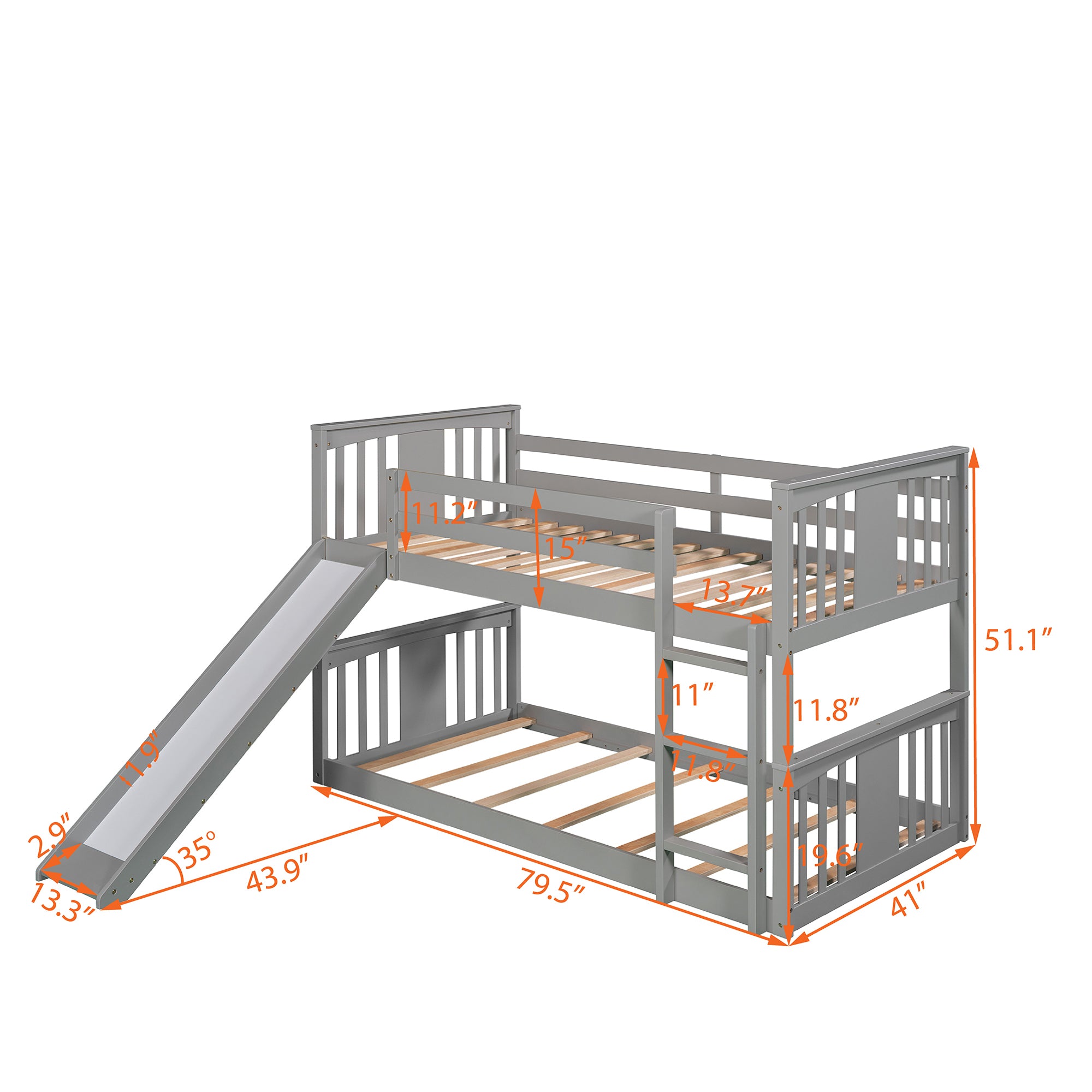 Twin Over Twin Bunk Bed with Slide and Ladder, Gray (Old SKU:LP000108AAE)