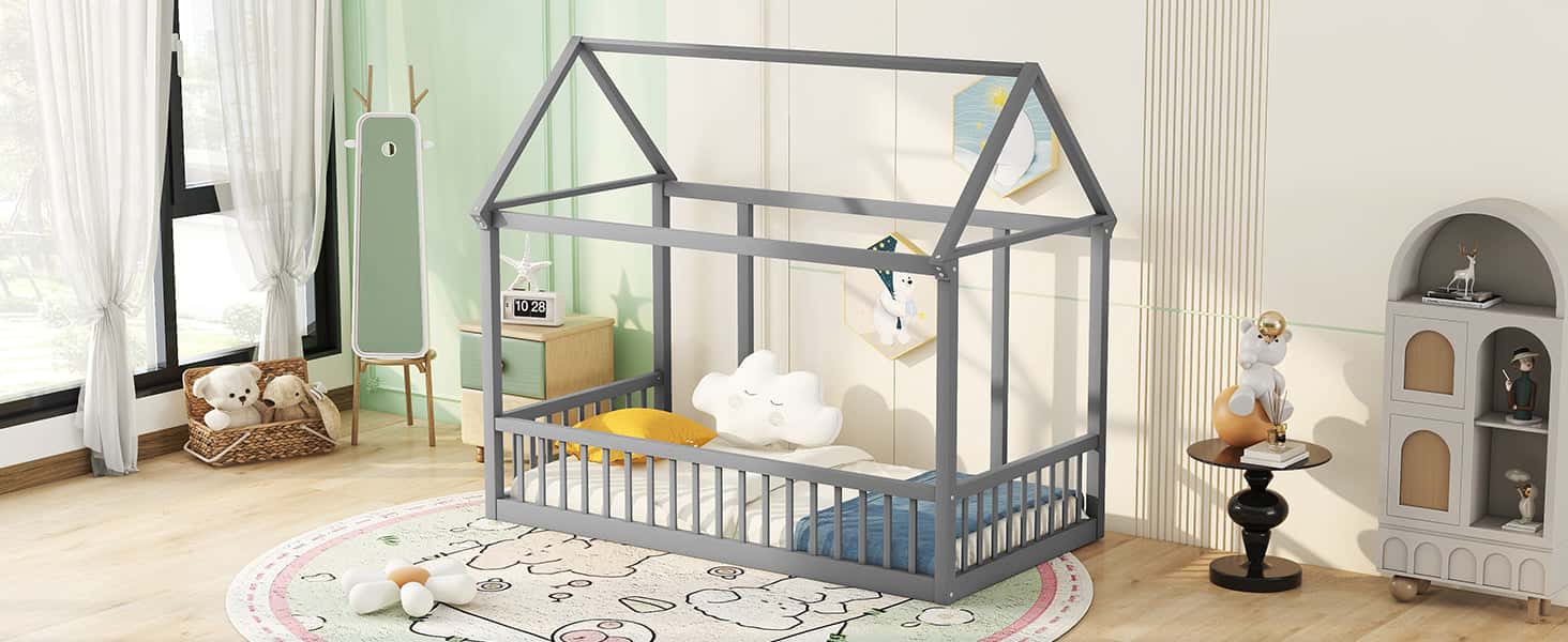 Twin Size Floor Wooden Bed with House Roof Frame and Safety Guardrails ,Gray