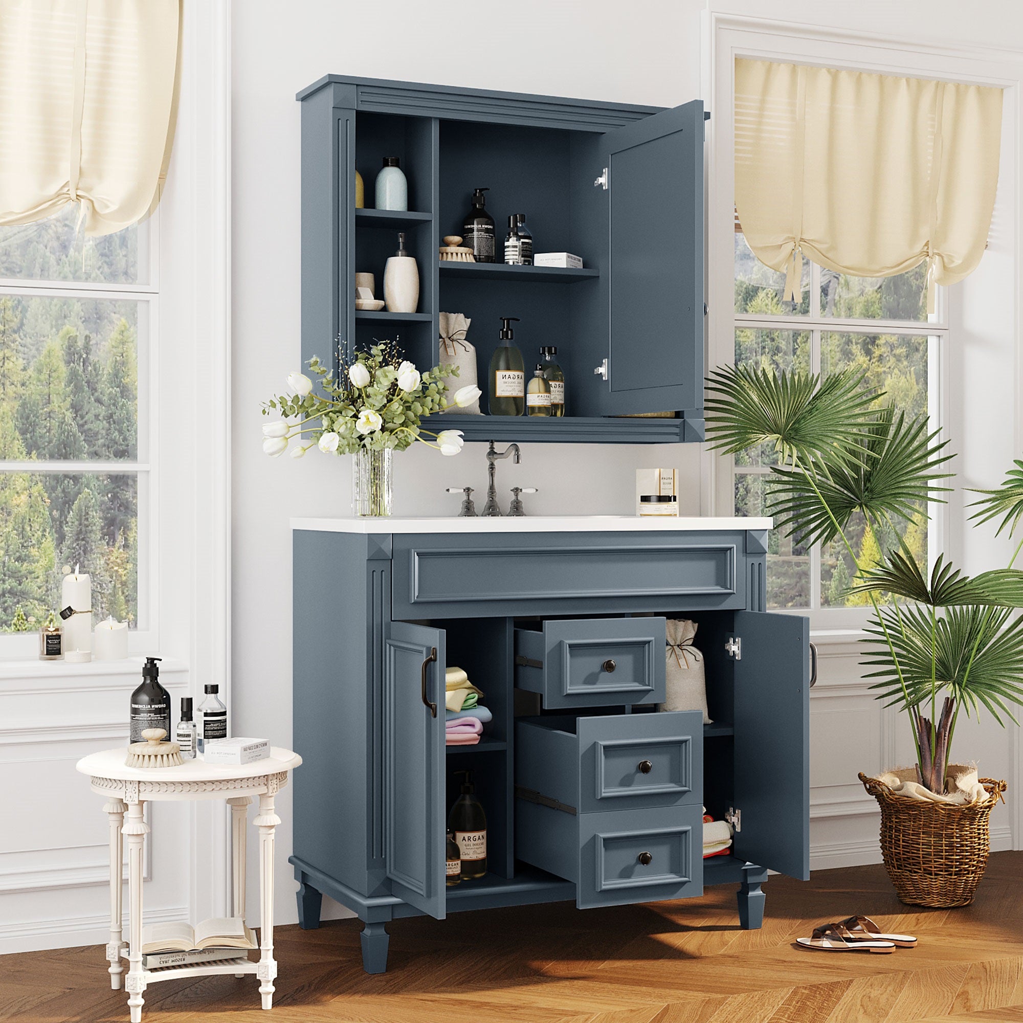 Royal blue bathroom vanity with matching mirror cabinet, angled view