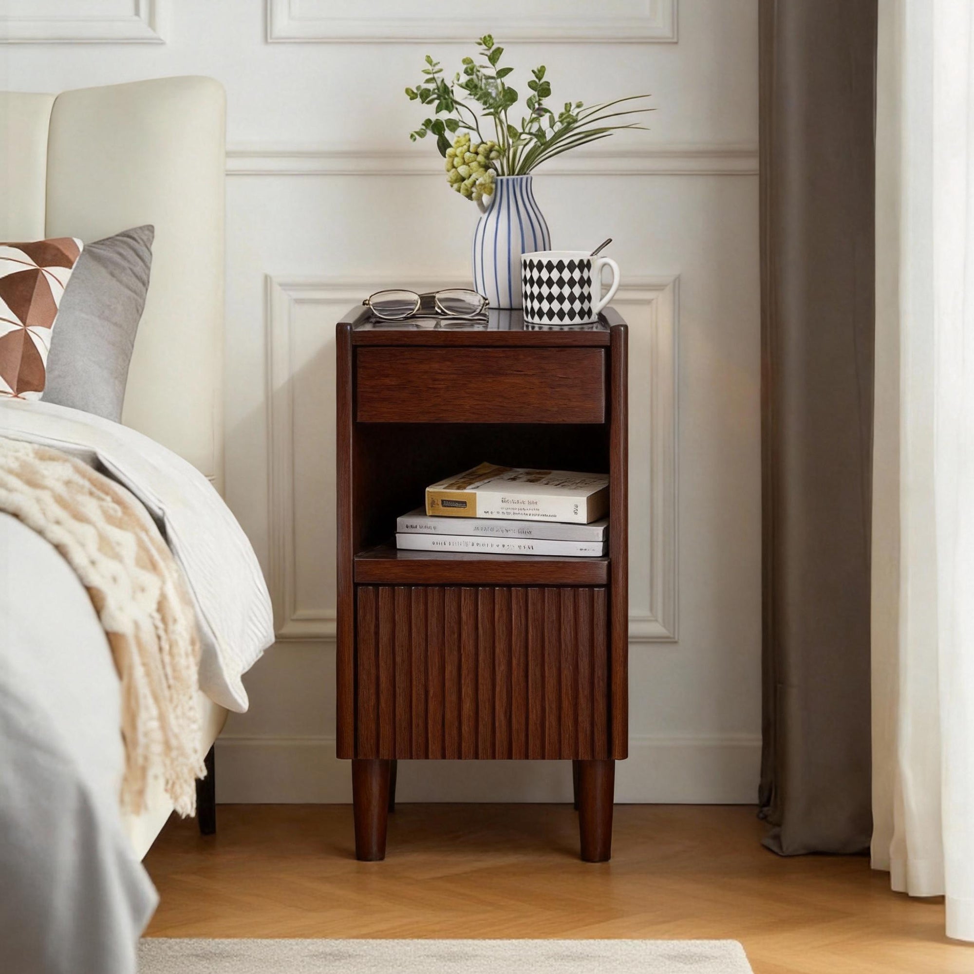 Wooden bedside nightstand open drawer detail, wood-tone finish