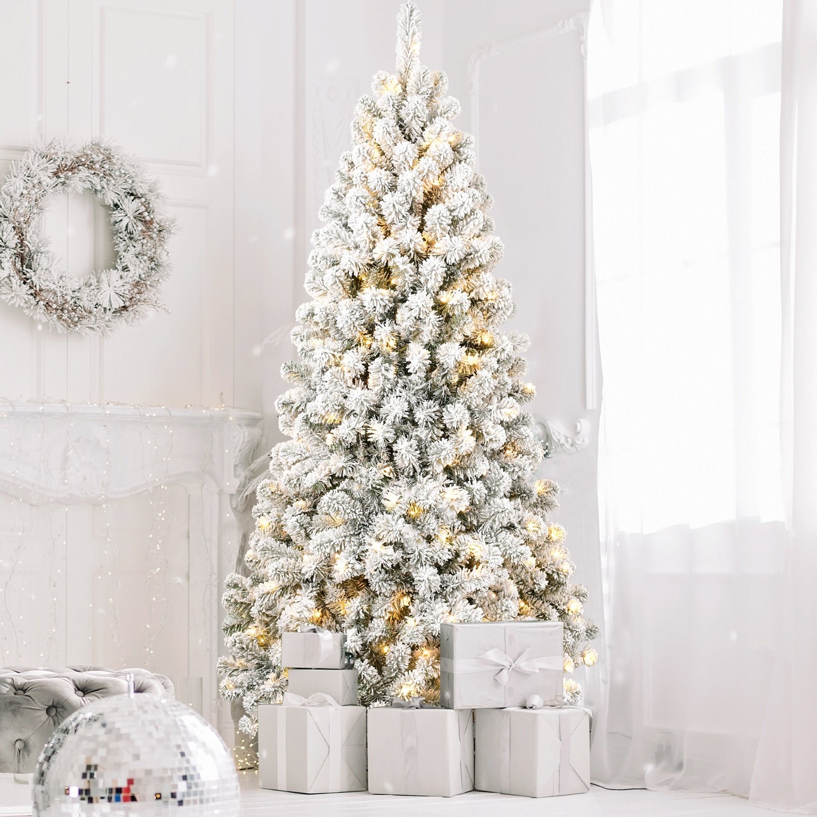 7FT Pre-lit Flocked Christmas Tree with 1,064 Memory Wire Tips – Effortlessly Fluffed, Perfectly Shaped, and Lit with 400 Warm Incandescent Lights Bringing Lasting Elegance and Wase to Your Holiday
