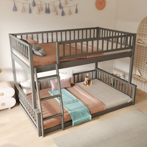 Full XL over Queen bunk bed in Gray with guardrails and ladder