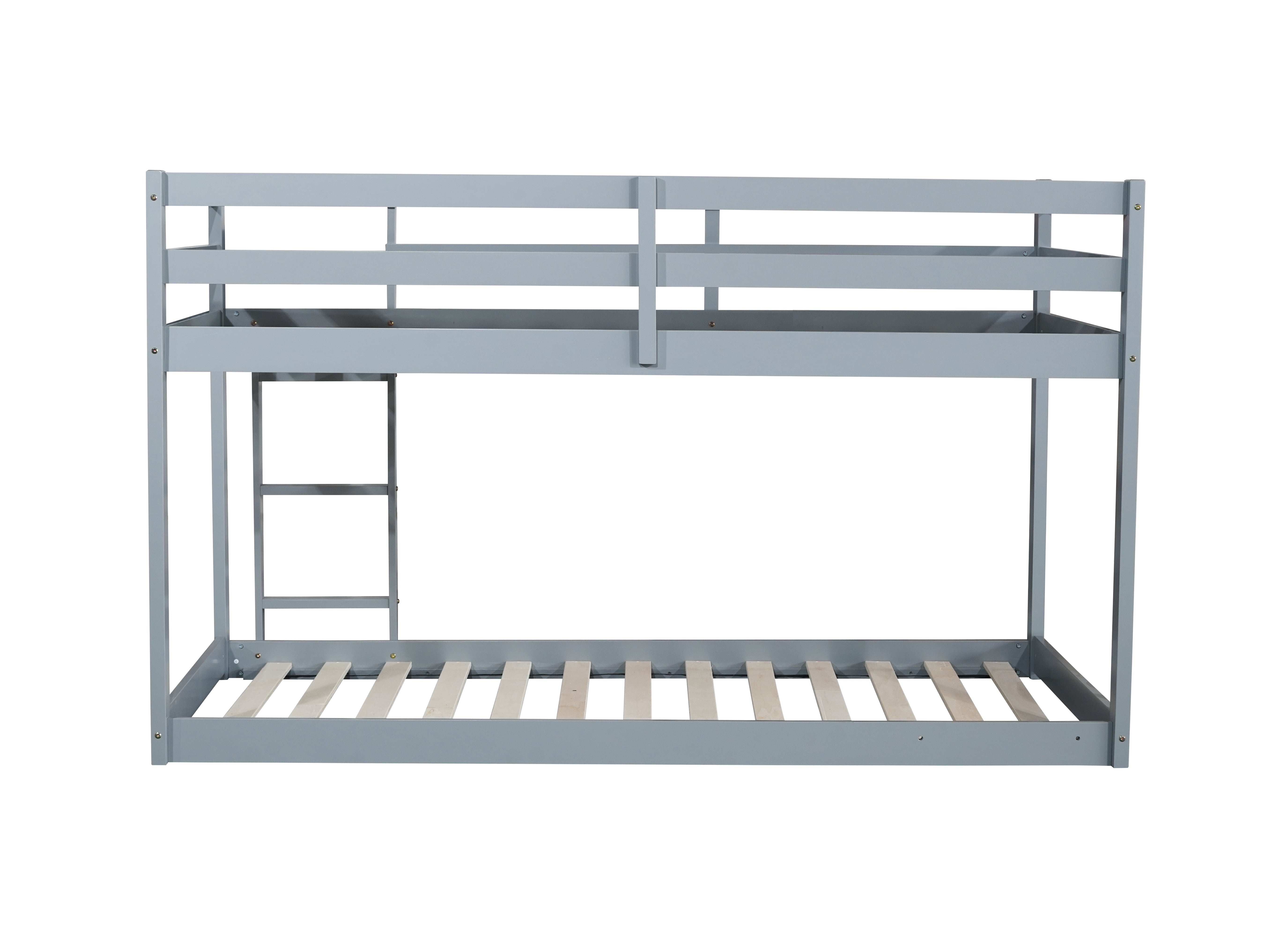 Grey twin over twin bunk bed angled view showing upper and lower platforms