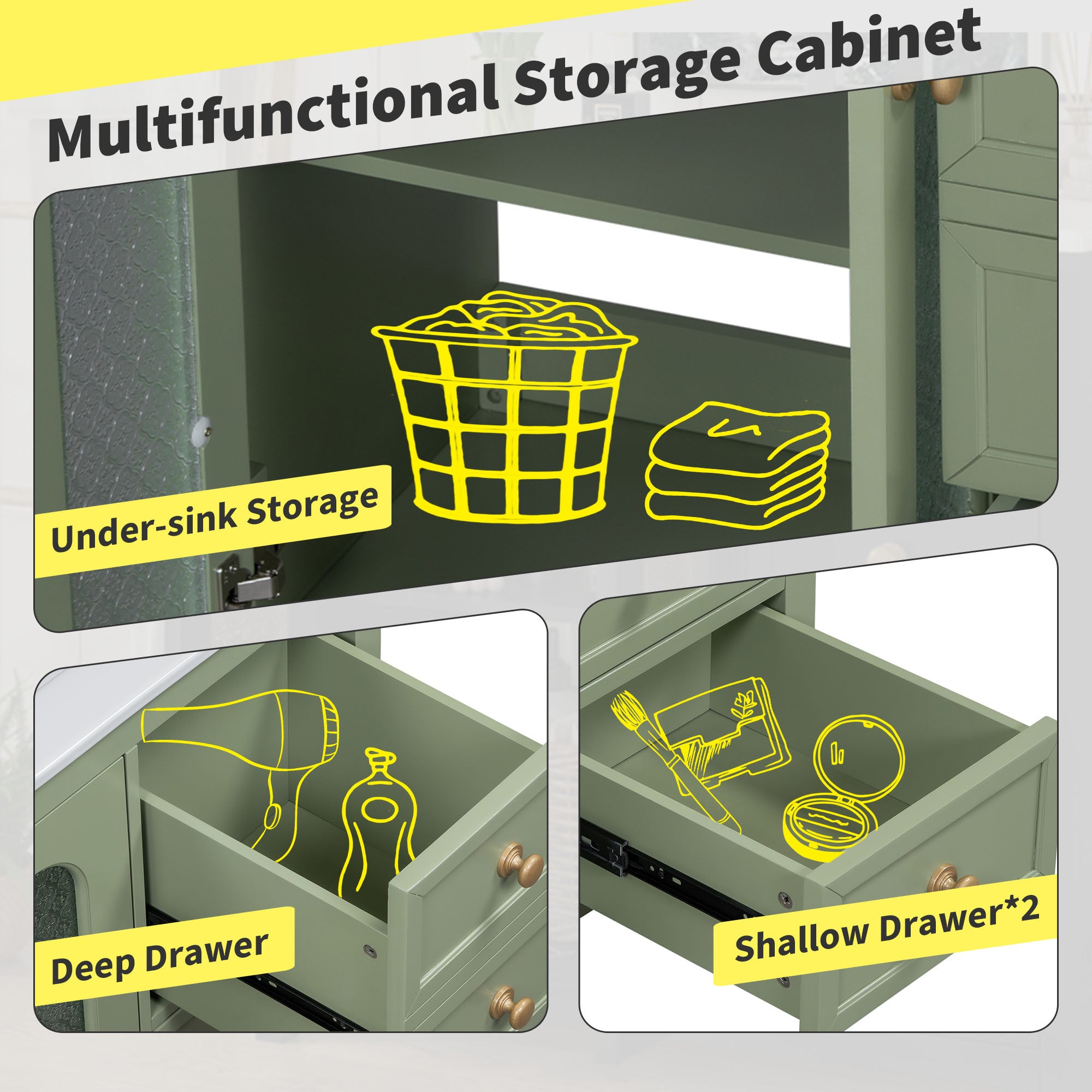 36-inch bathroom vanity with two soft close doors, adjustable shelves and three drawers