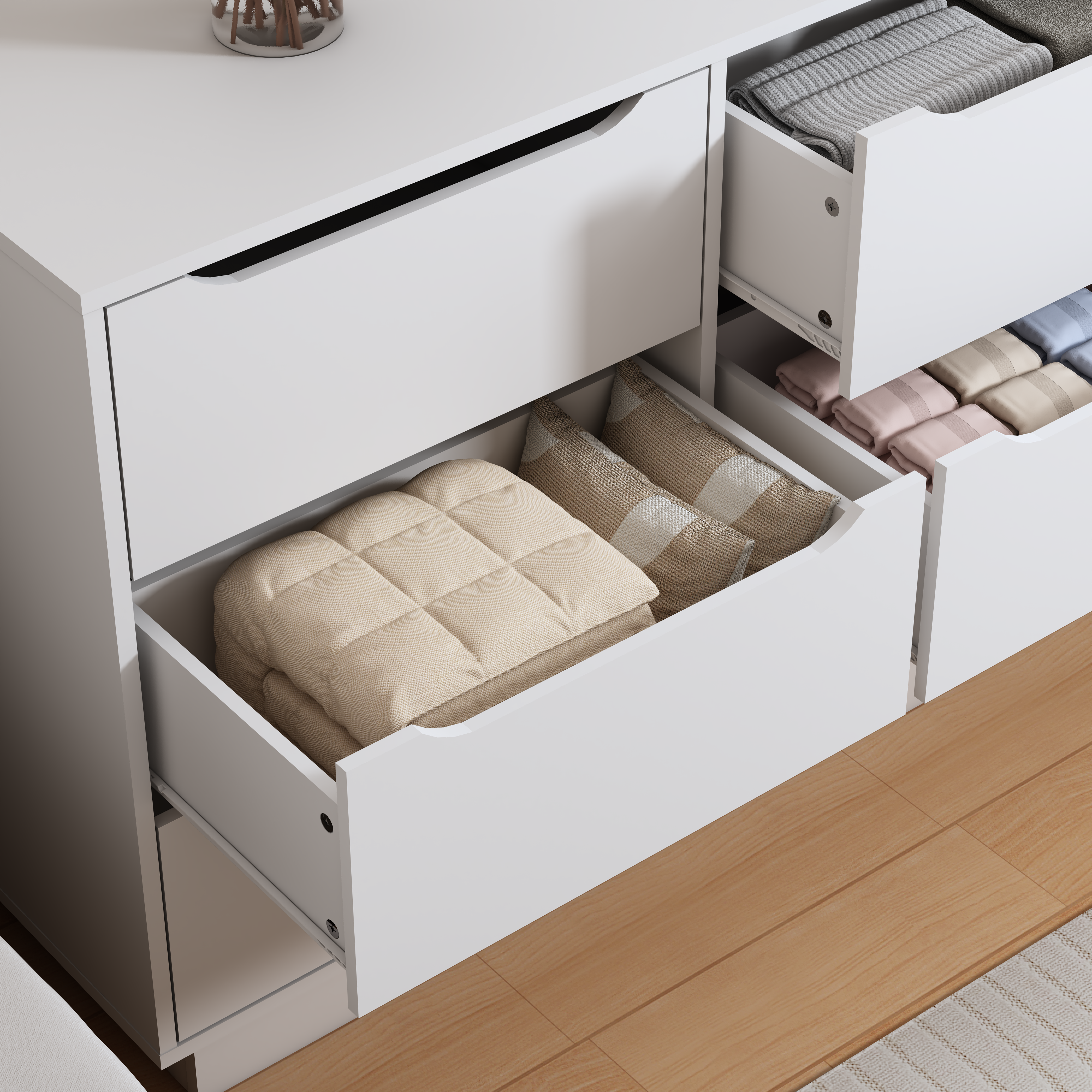 White 9-drawer dresser styled in bedroom setting