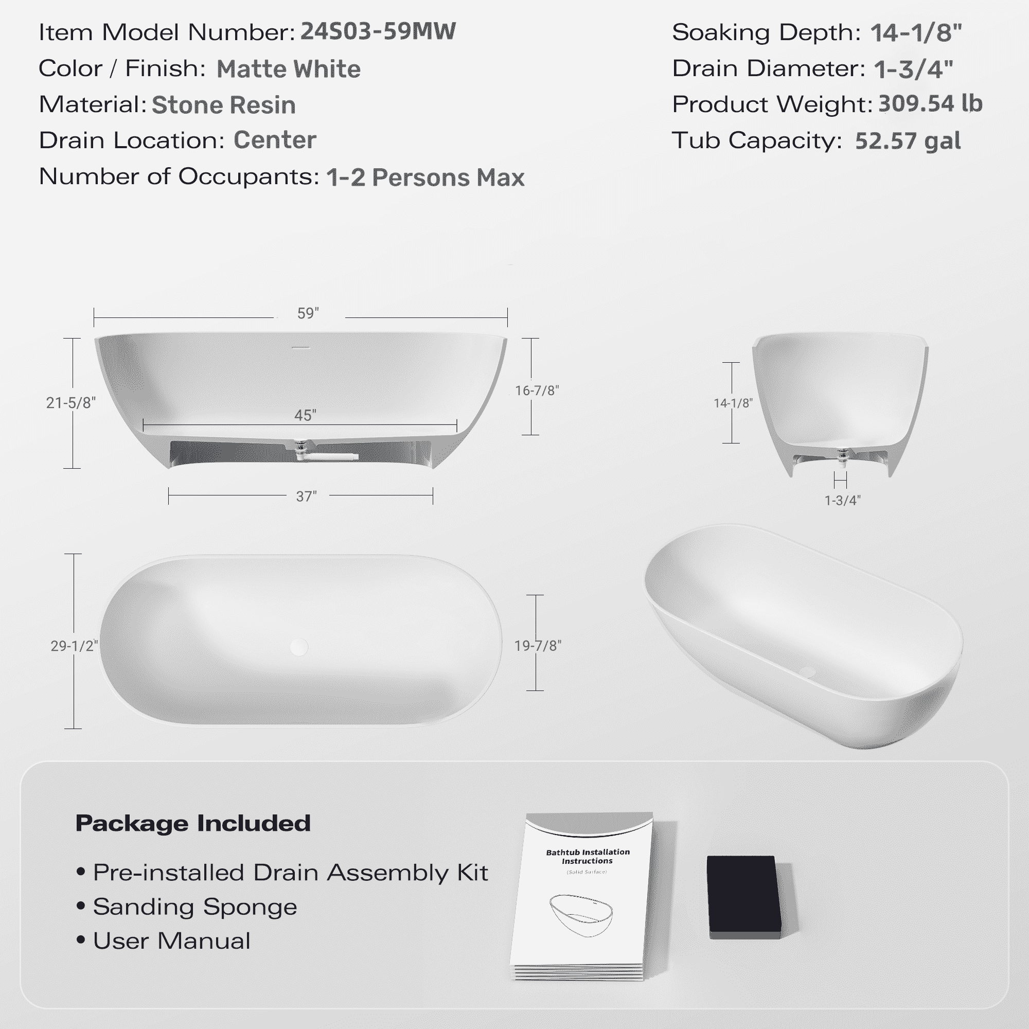 59" Freestanding Solid Surface Bathtub, Luxury Engineered Stone Resin Freestanding Soaking Bathtub with Overflow and Pop-up Drain for Contemporary Bathroom, Matte White 24S03-59MW