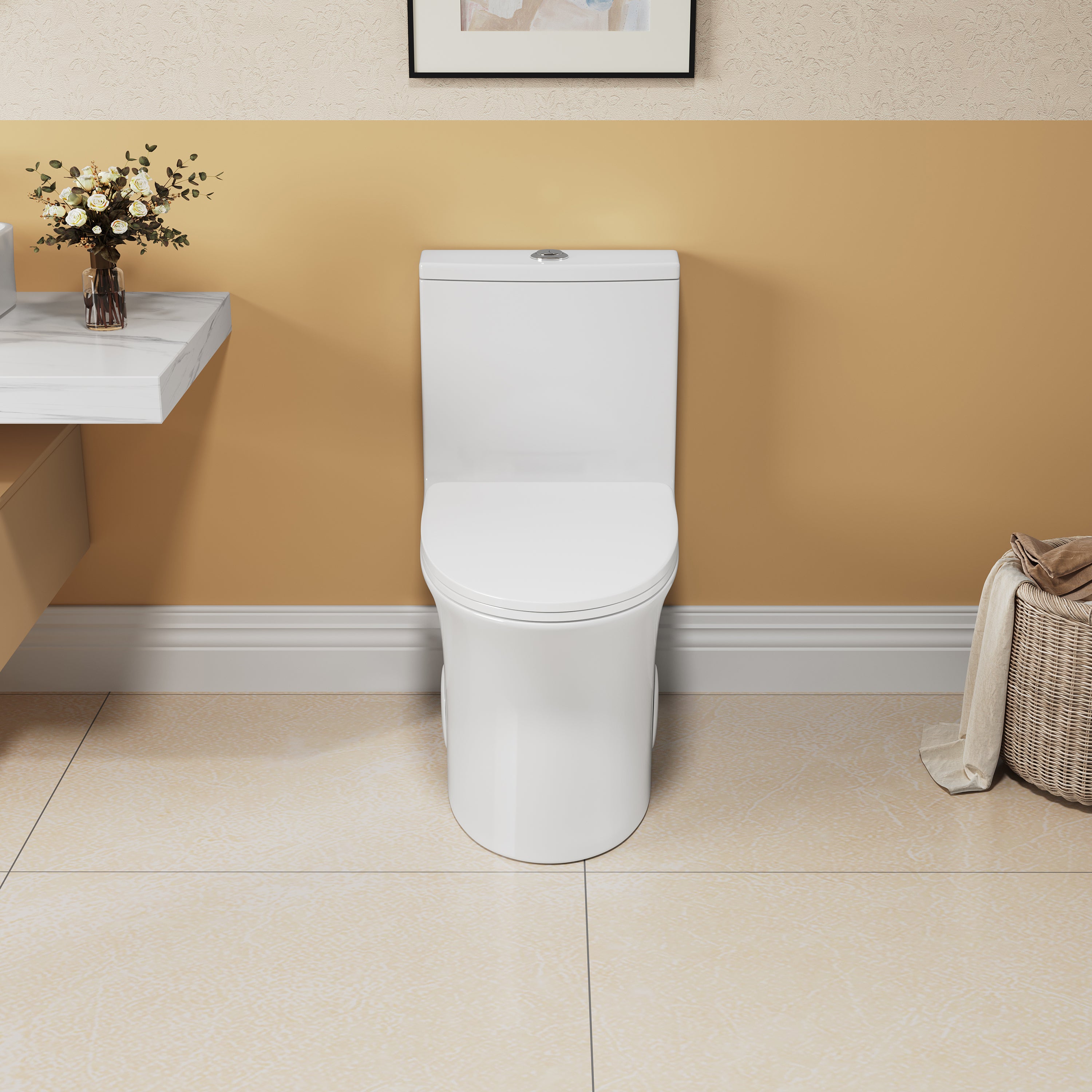1.1/1.6 GPF Elongated Comfort Height Floor Mounted One-Piece Toilet, CUPC Certified, WaterSense Cetified, Ceramic, White Color, Soft Close Seat T039WT
