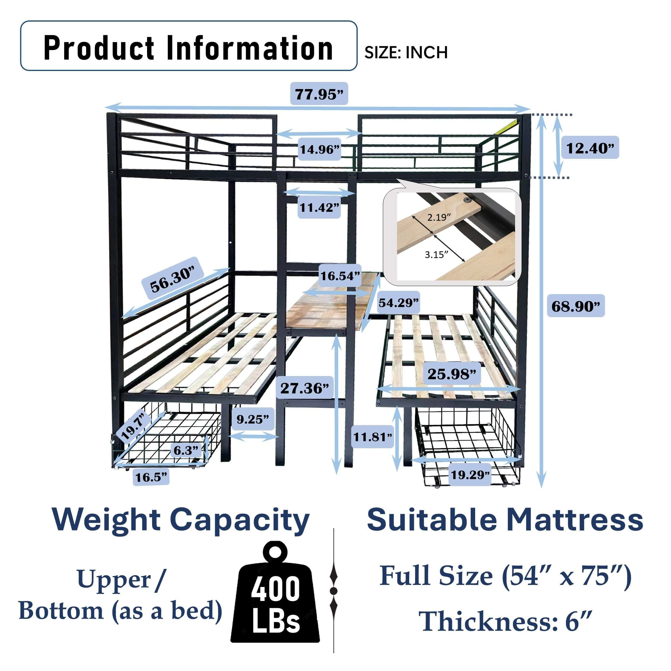 Full Size Loft Bed with Table Set Transformable to Full over Full Bunk