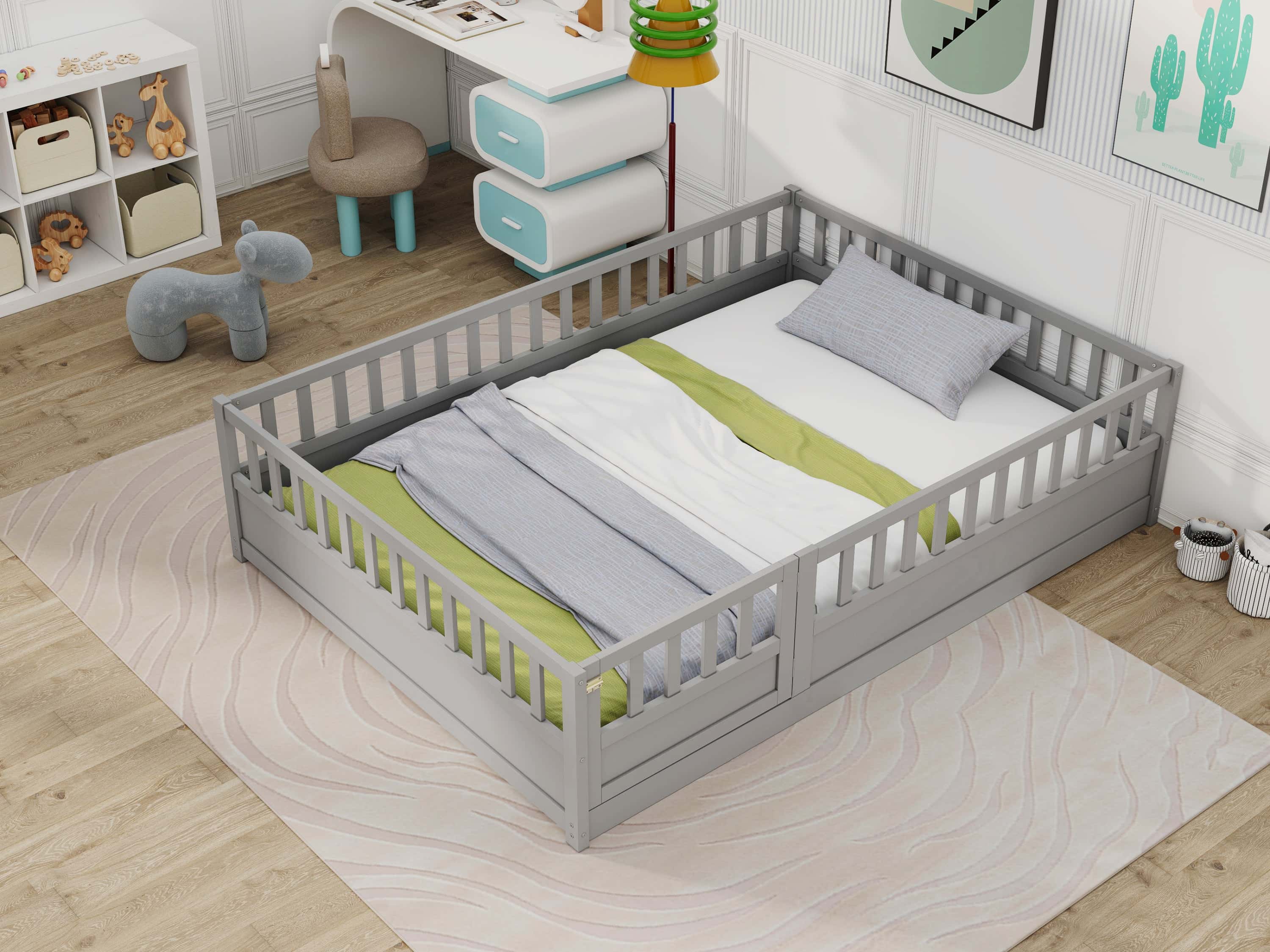 Full size Floor bed, integral construction with super high security barrier, door, children's floor bed frame, Montessori wooden children's floor bed, Grey