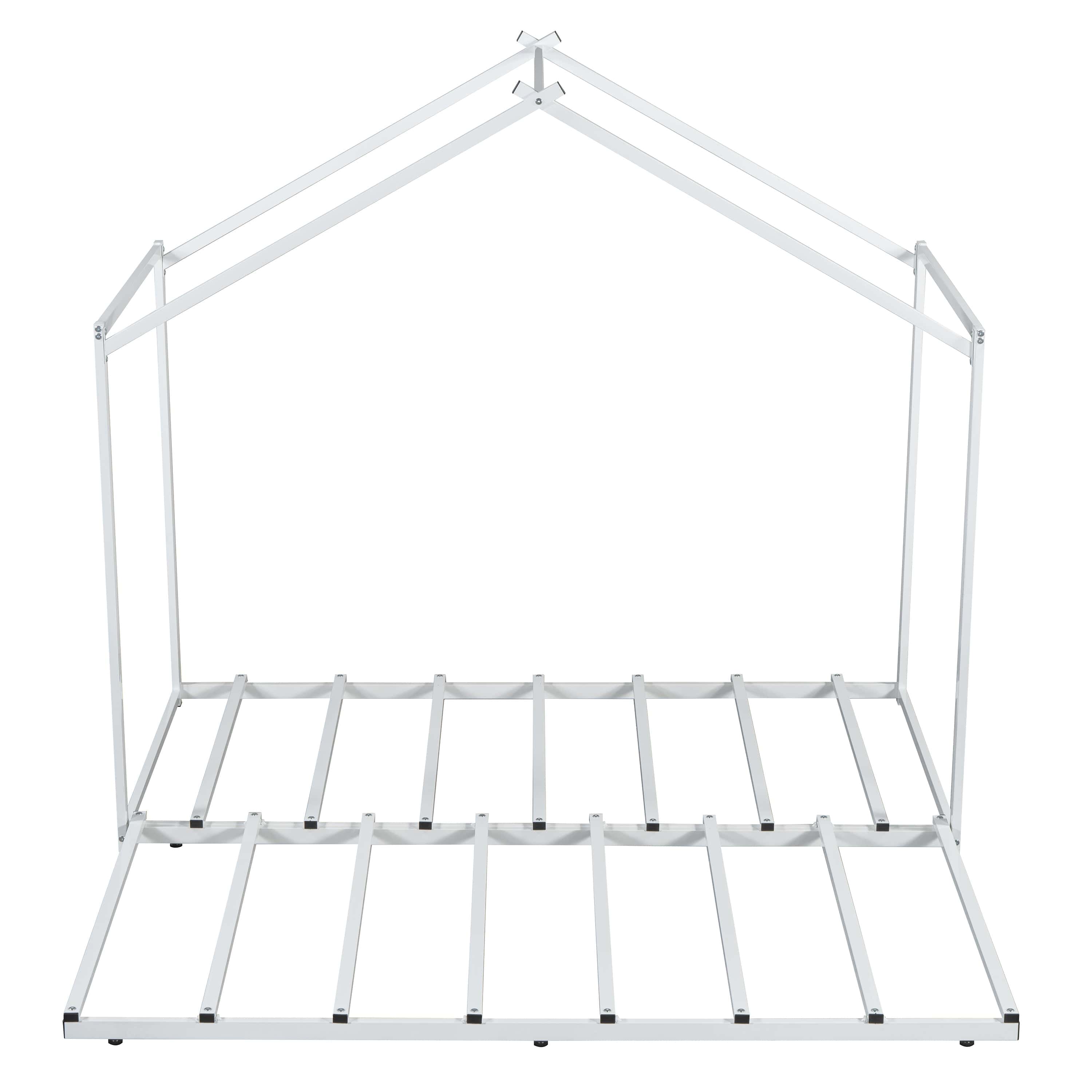 Metal Twin Size House Platform Bed with Trundle, White