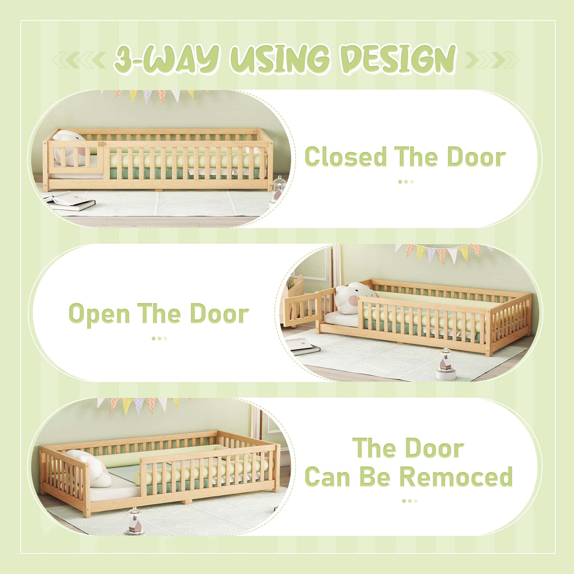 Twin Size Bed Floor Bed with Safety Guardrails and Door for Kids, Natural(Old SKU: W158090686)