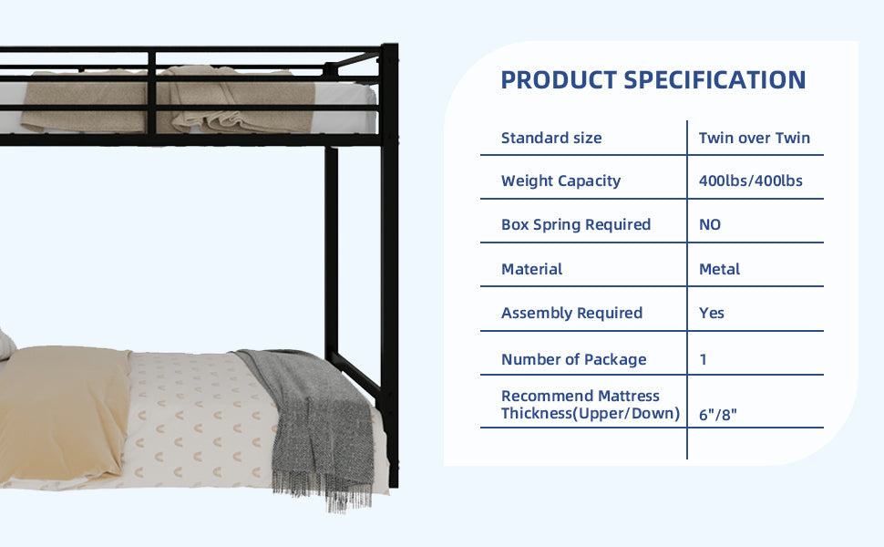 Black metal twin over twin bunk bed, full front view