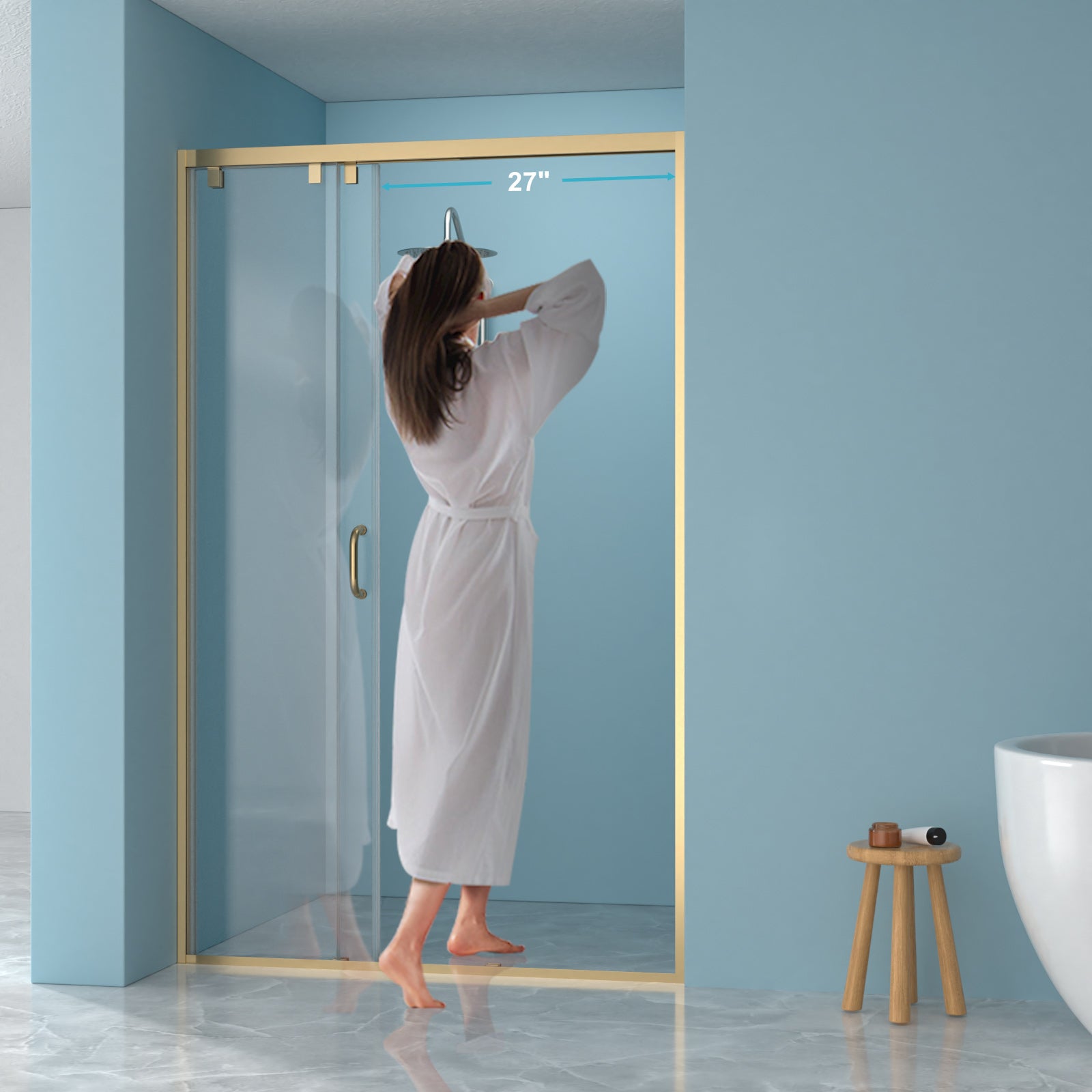 Gold stainless steel frame sliding shower door 48 inch angled view