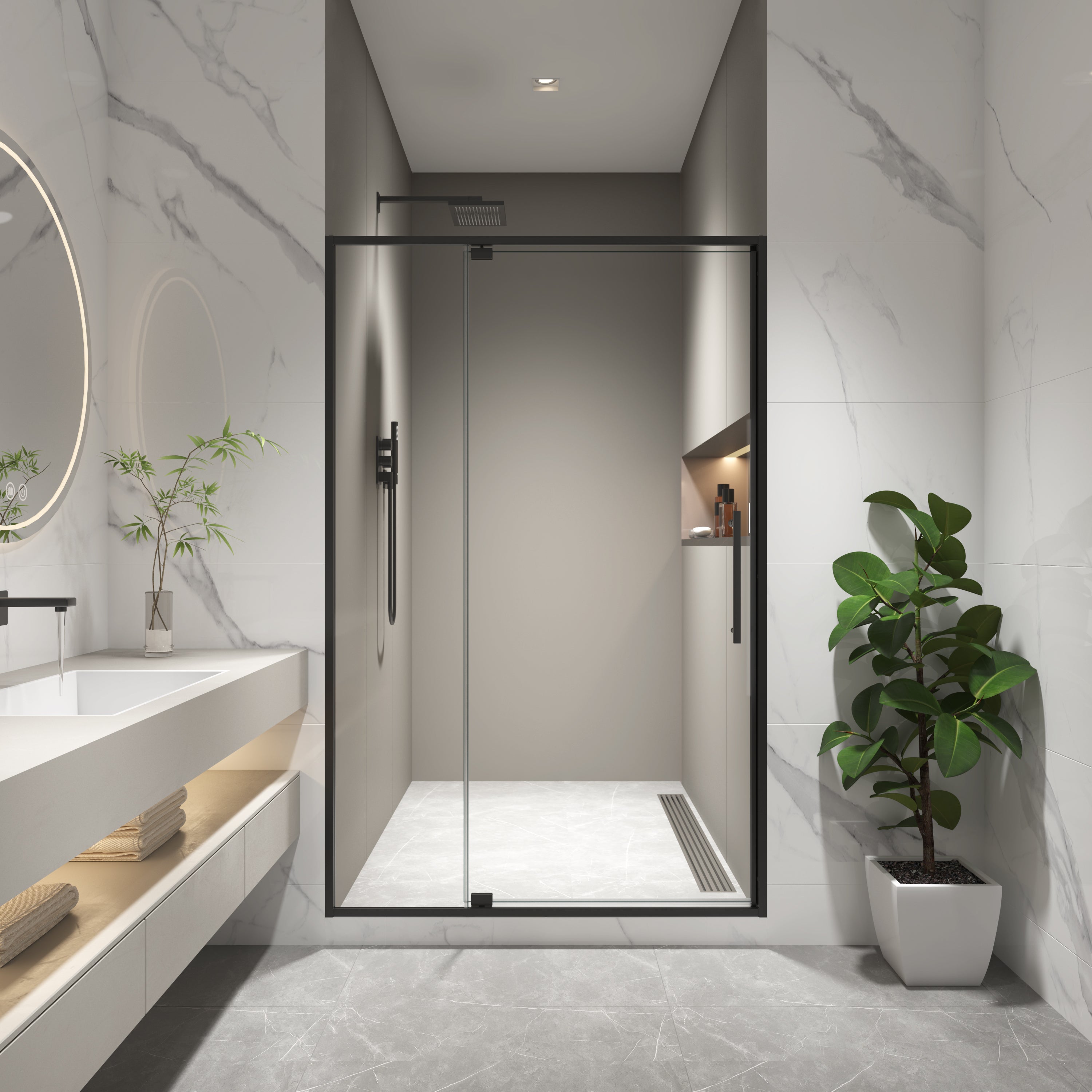Pivot shower door 74 inch matte black hardware detail