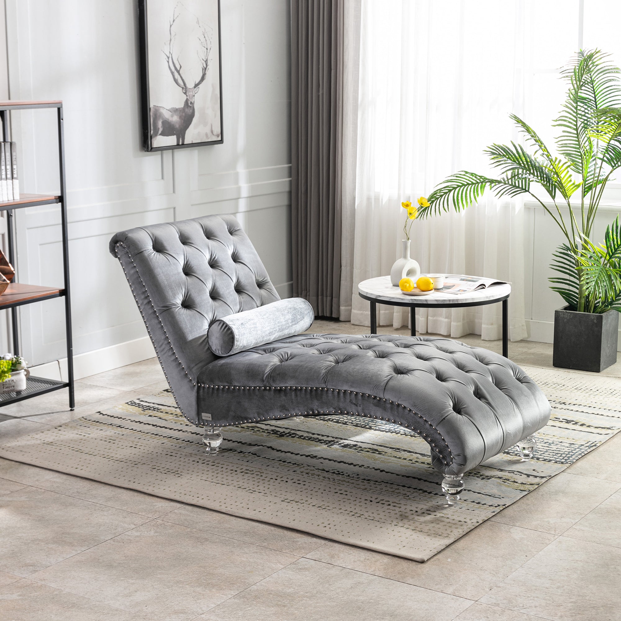 COOMORE Velvet Chaise Lounge Indoor,Button-Tufted Upholstered Chaise Lounge Chair with Pillow for Bedroom Living Room Office (Silver Velvet)