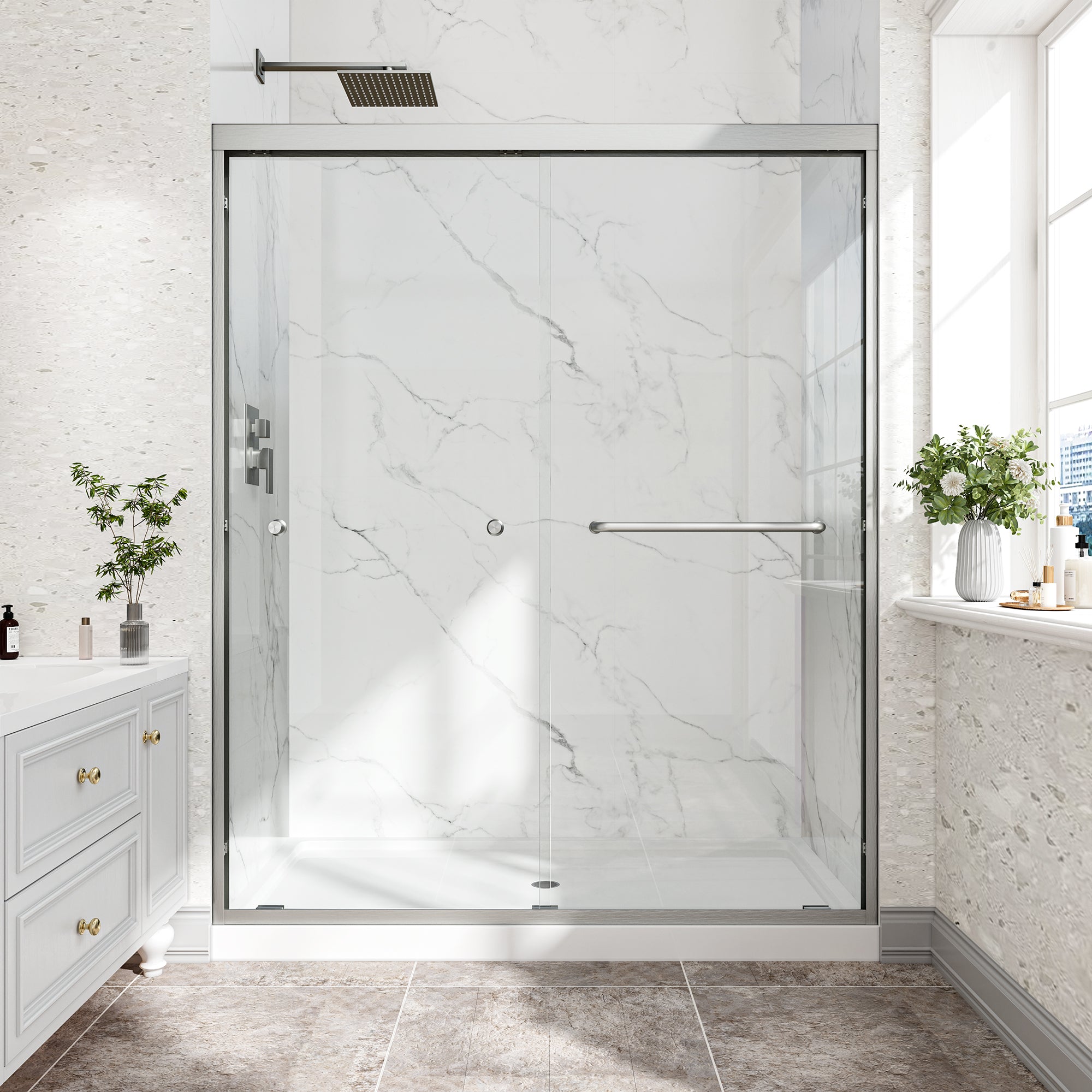 55-60 x 72 in reversible bypass shower door brushed nickel front view