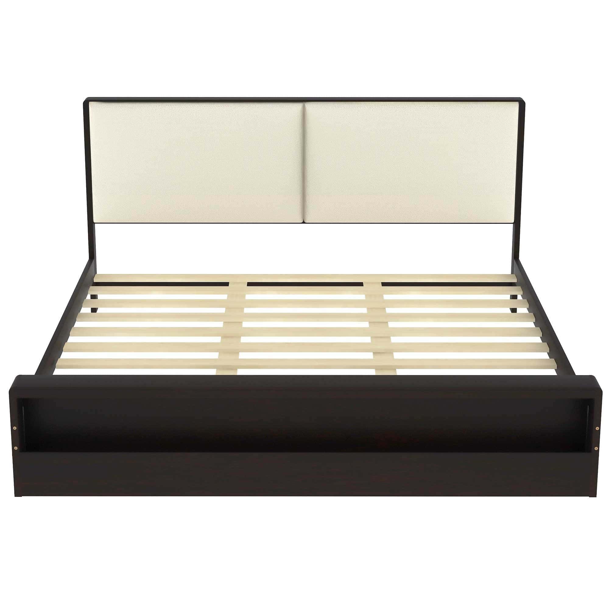 King Size Platform Bed Frame with Upholstery Headboard and Bookshelf in Footboard and LED Light Strips, Espresso