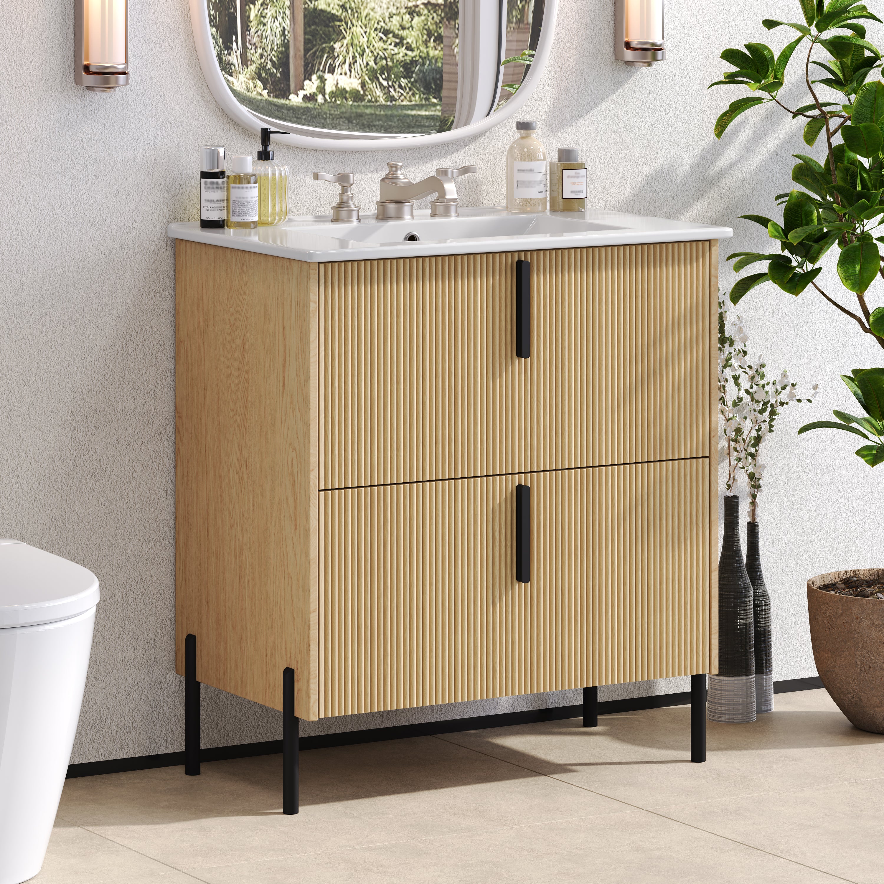 Natural fluted bathroom vanity with ceramic sink, angled view