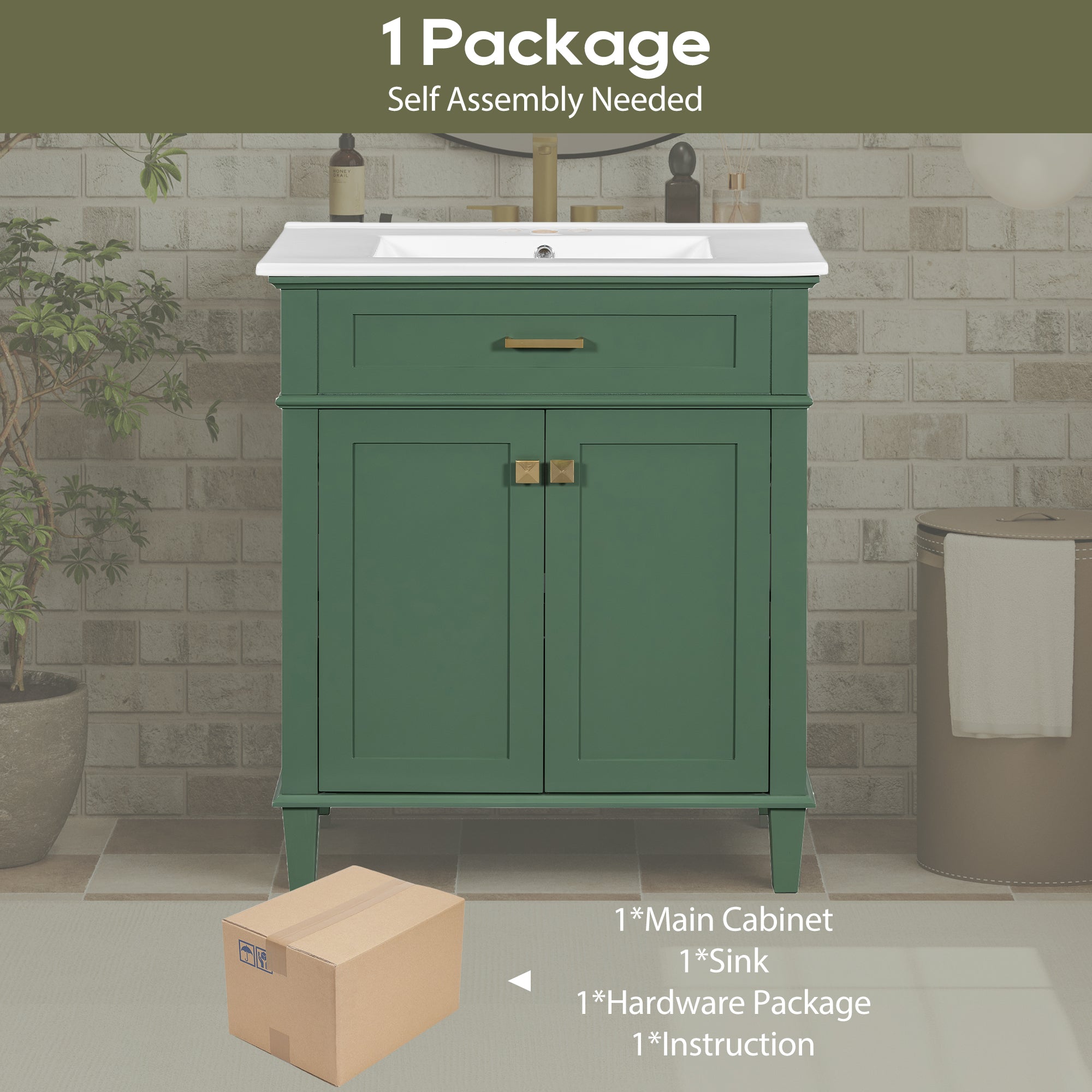 30-inch bathroom vanity with ceramic basin,  soft close door and adjustable shelves