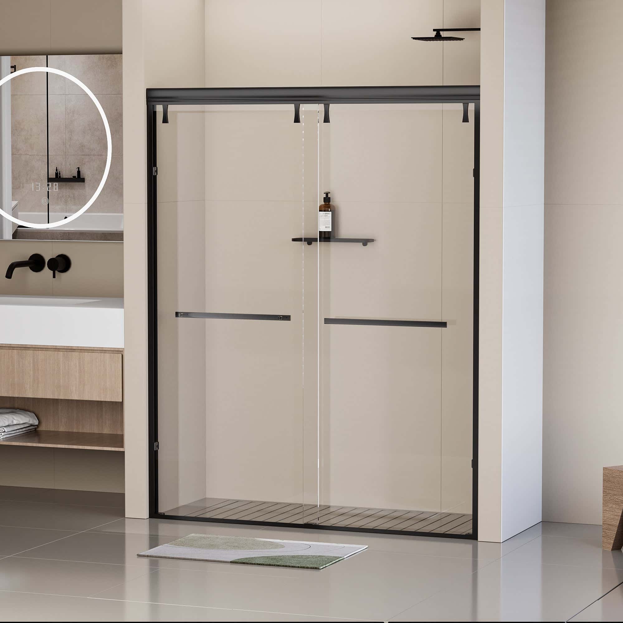 Semi-Frameless Shower Door, Double Sliding Shower Door, 44-48"W x 76"H  5/16" (8mm) Clear Tempered Glass Shower Door with Explosion-Proof Film, Matte Black 24D212-48MB