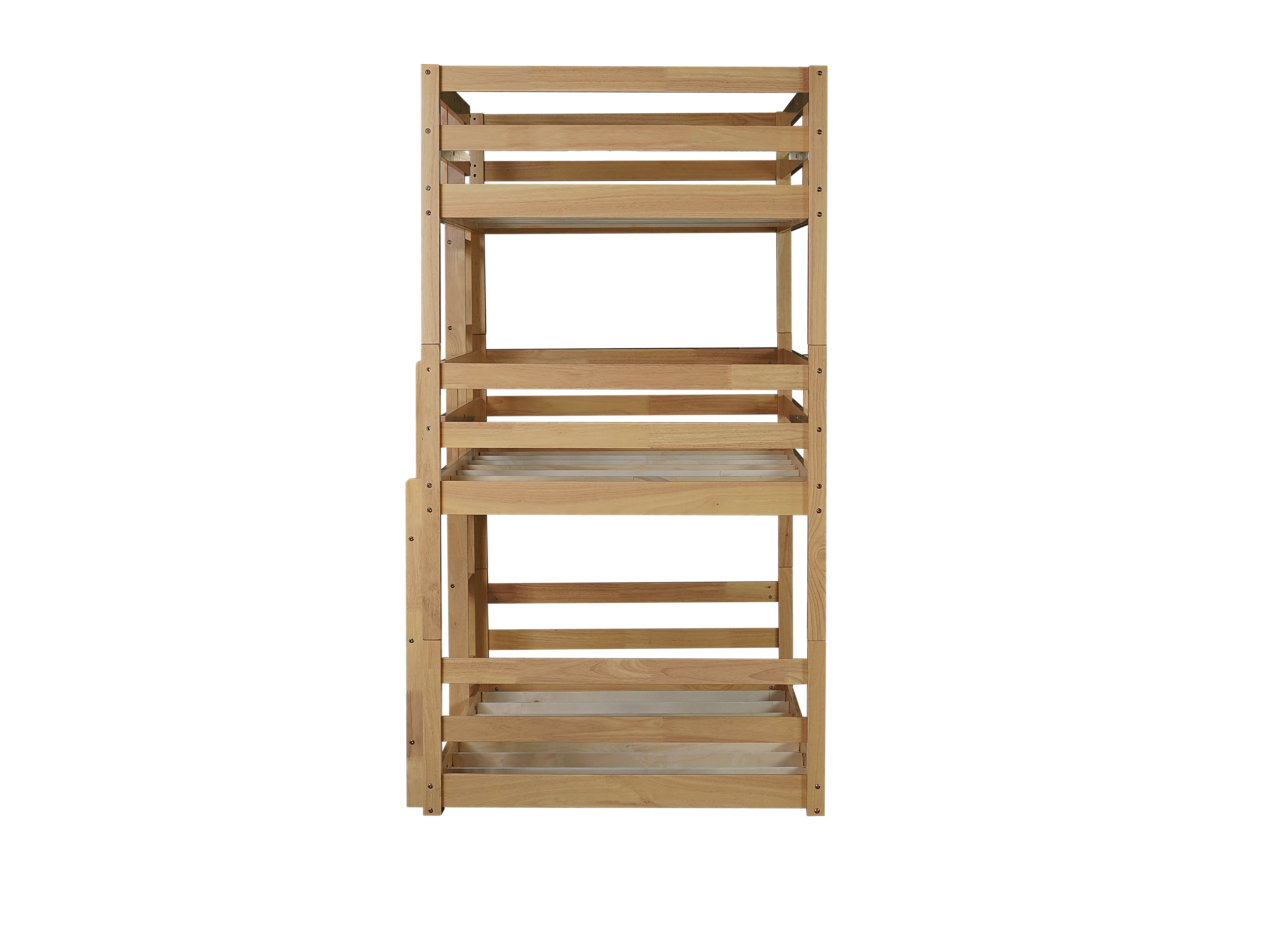 Triple twin rubber wood bunk bed natural finish, detachable configuration view