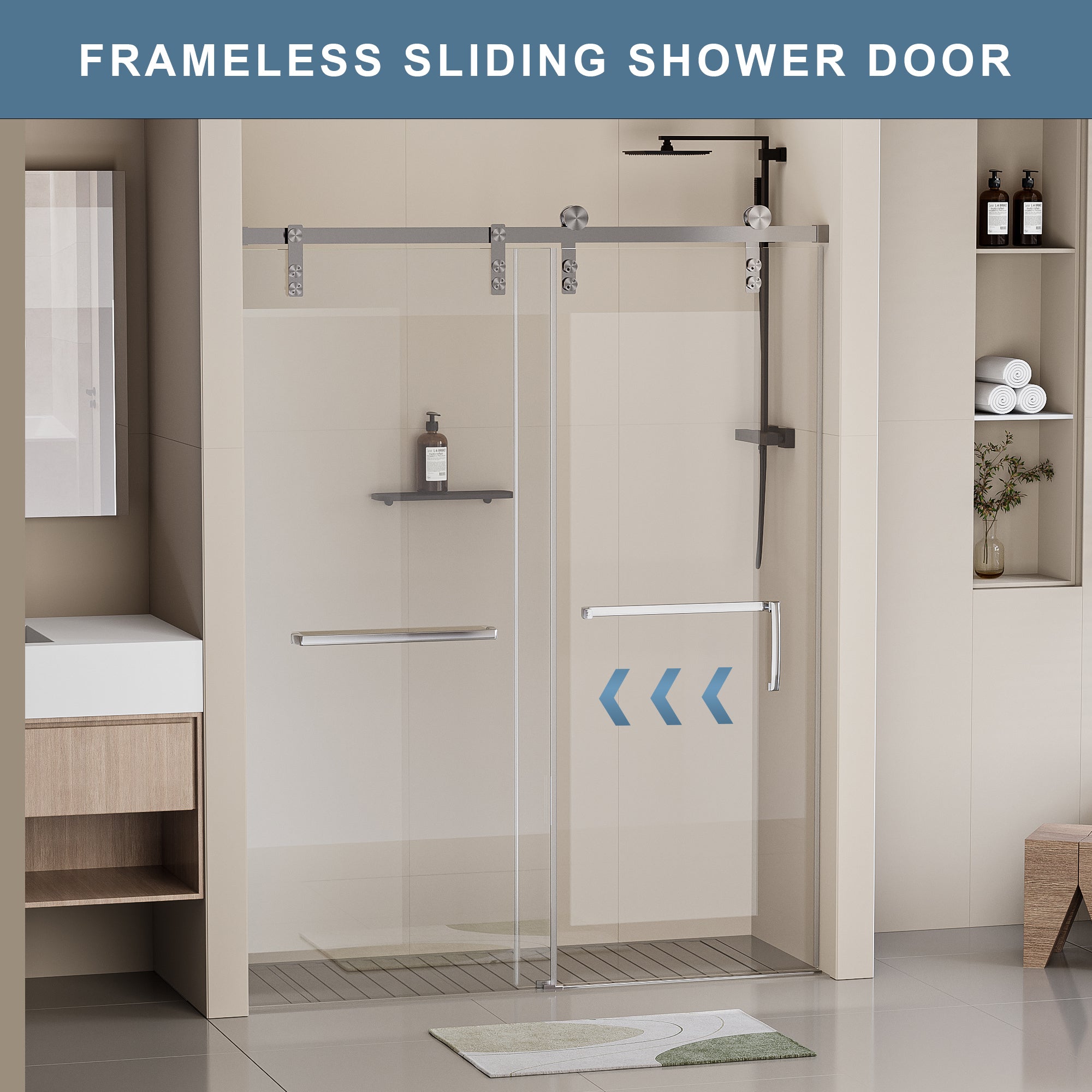 60 in. W x 76 in. H Frameless Soft-closing Shower Door, Single Sliding Shower Door, 5/16" (8mm) Clear Tempered Glass Shower Door with Explosion-Proof Film, Brushed Nickel 24D211-60BN-COMBO