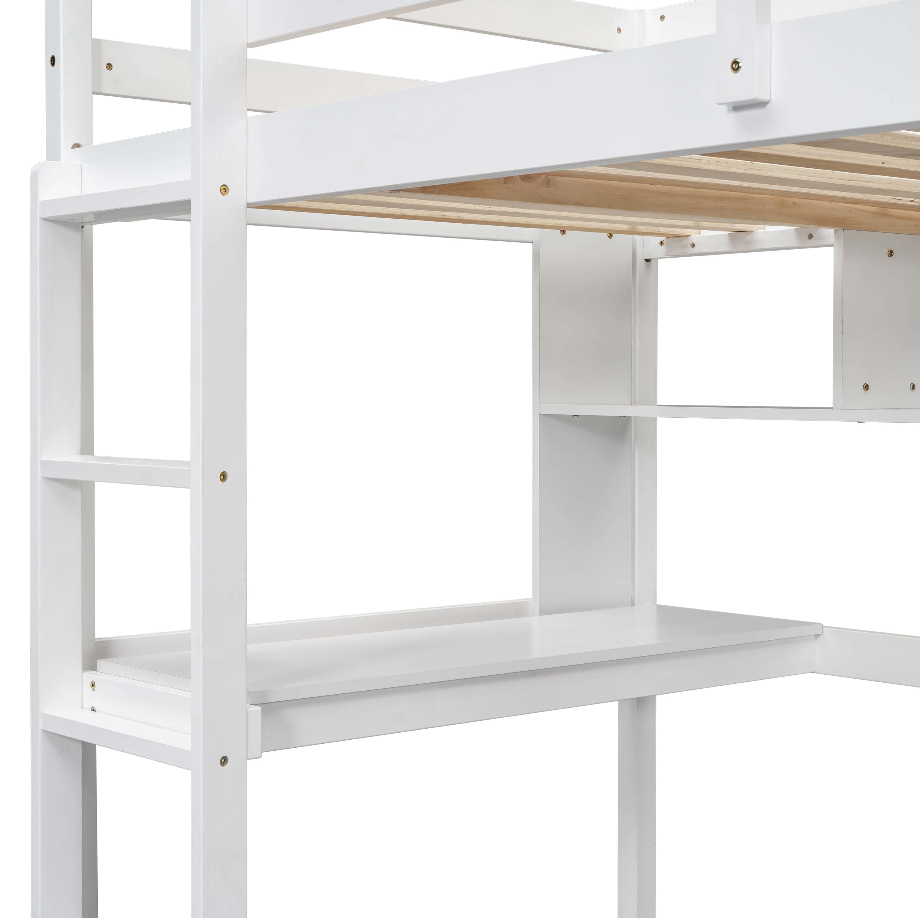 Twin Size Loft Bed with desk and shelves, Safety Guardrail and ladder,White