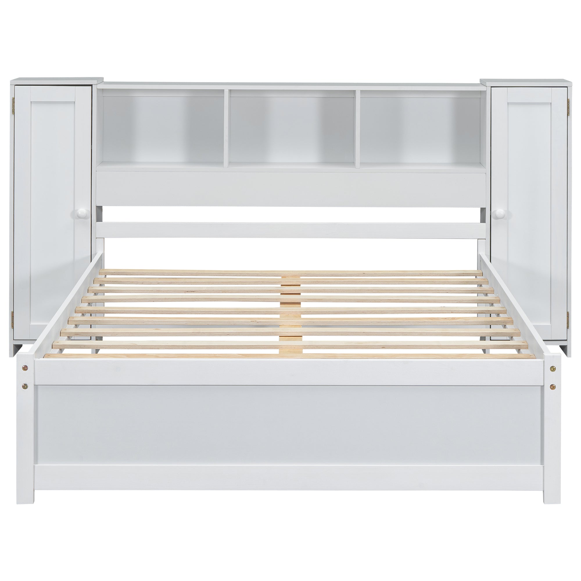 Full Size Platform Bed with Storage Headboard and Lockers, White