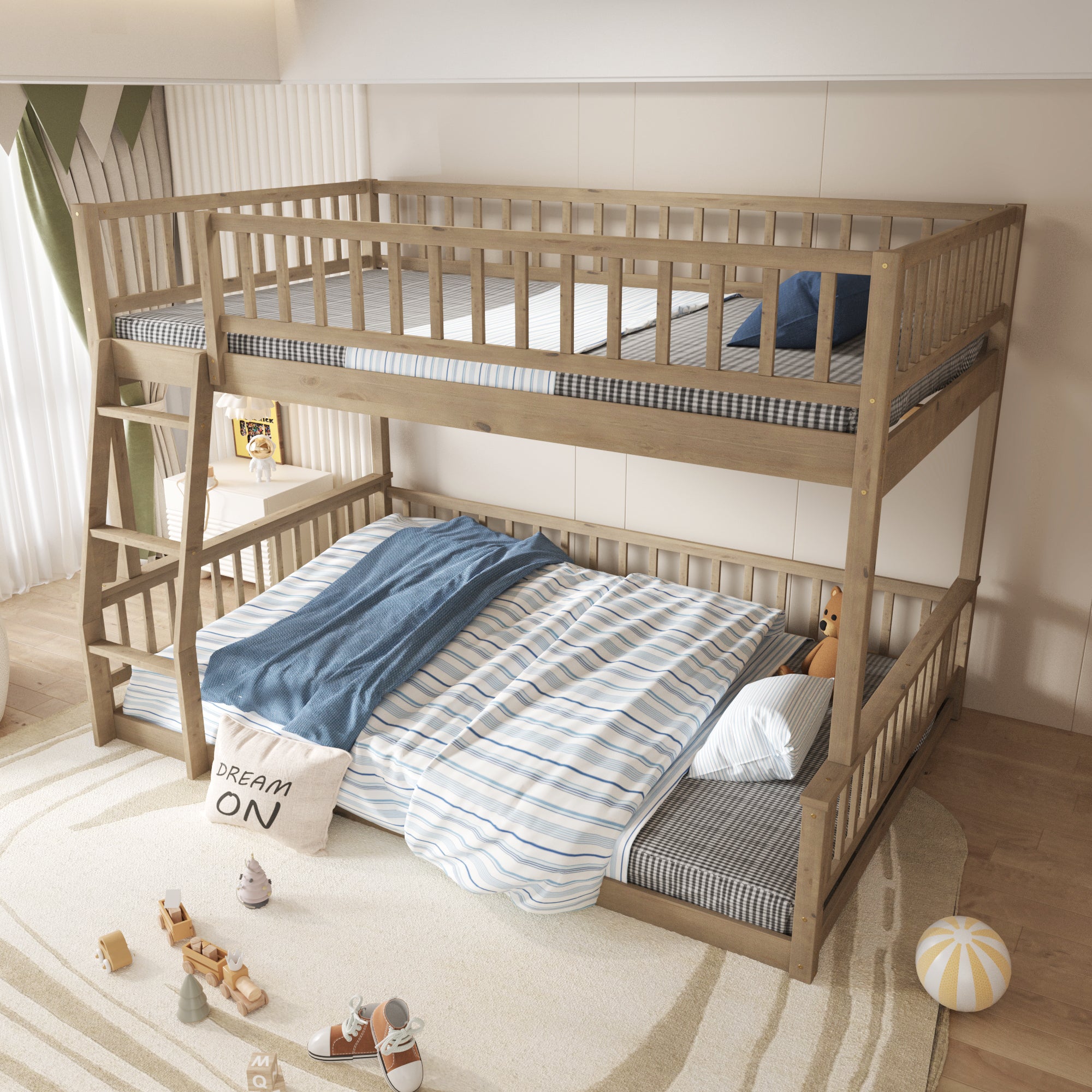Full XL over Queen walnut bunk bed ladder detail, side view