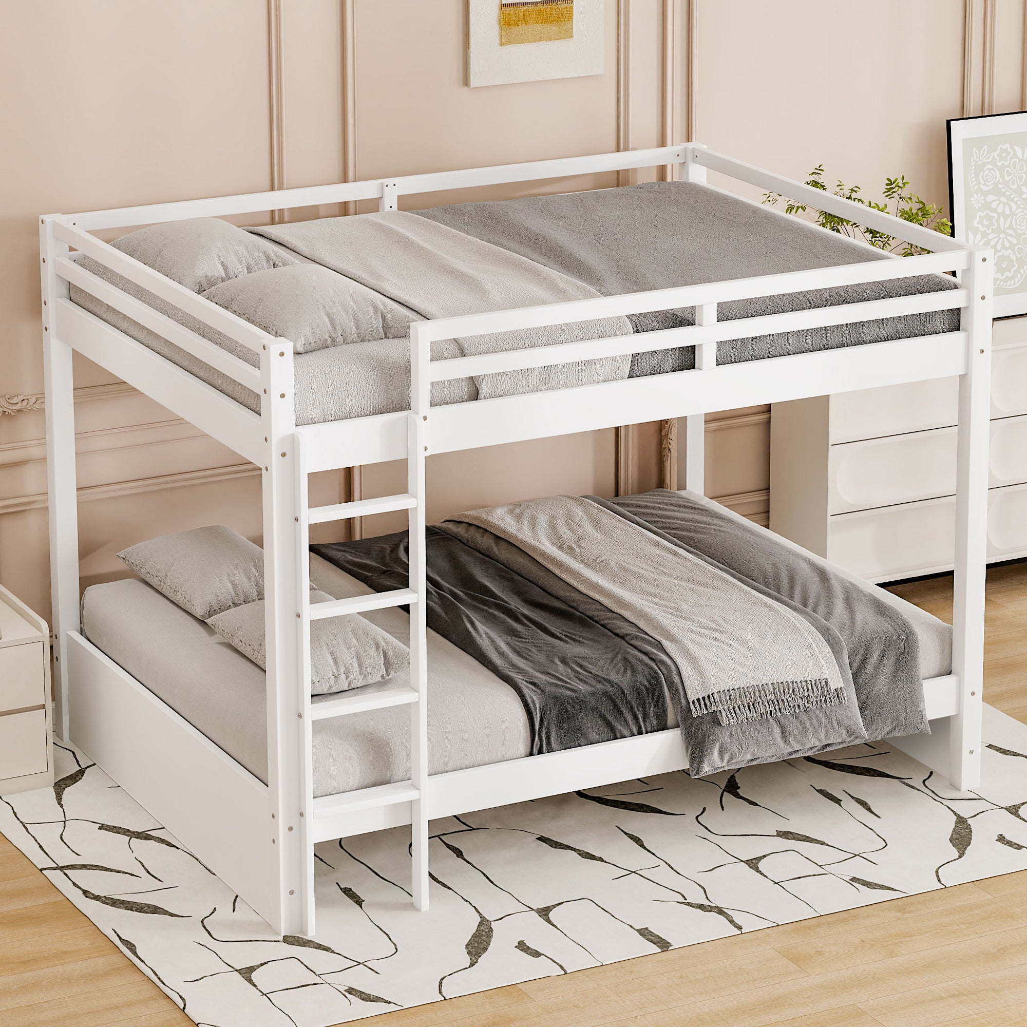 White queen over queen wood bunk bed
