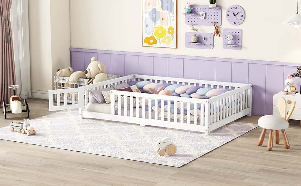 Full Size Bed Floor Bed with Safety Guardrails and Door for Kids, White(Old SKU: W158090689)