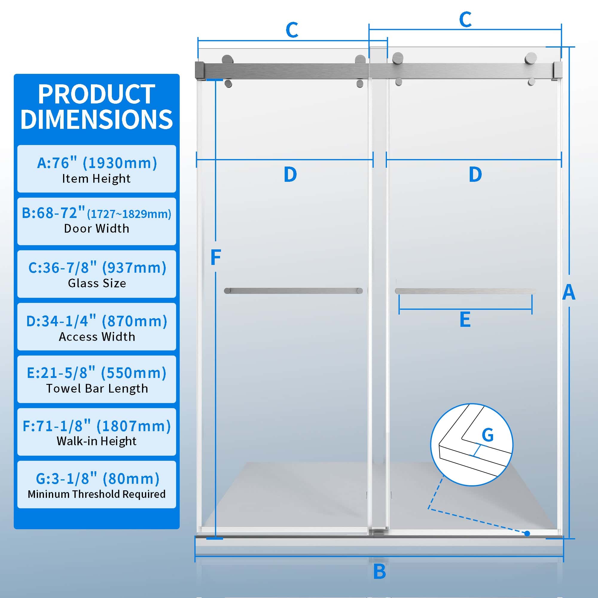 68-72"W × 76"H Double Sliding Frameless Shower Door With 3/8 inches (10mm) Clear Tempered Glass, Brushed Nickel Finish