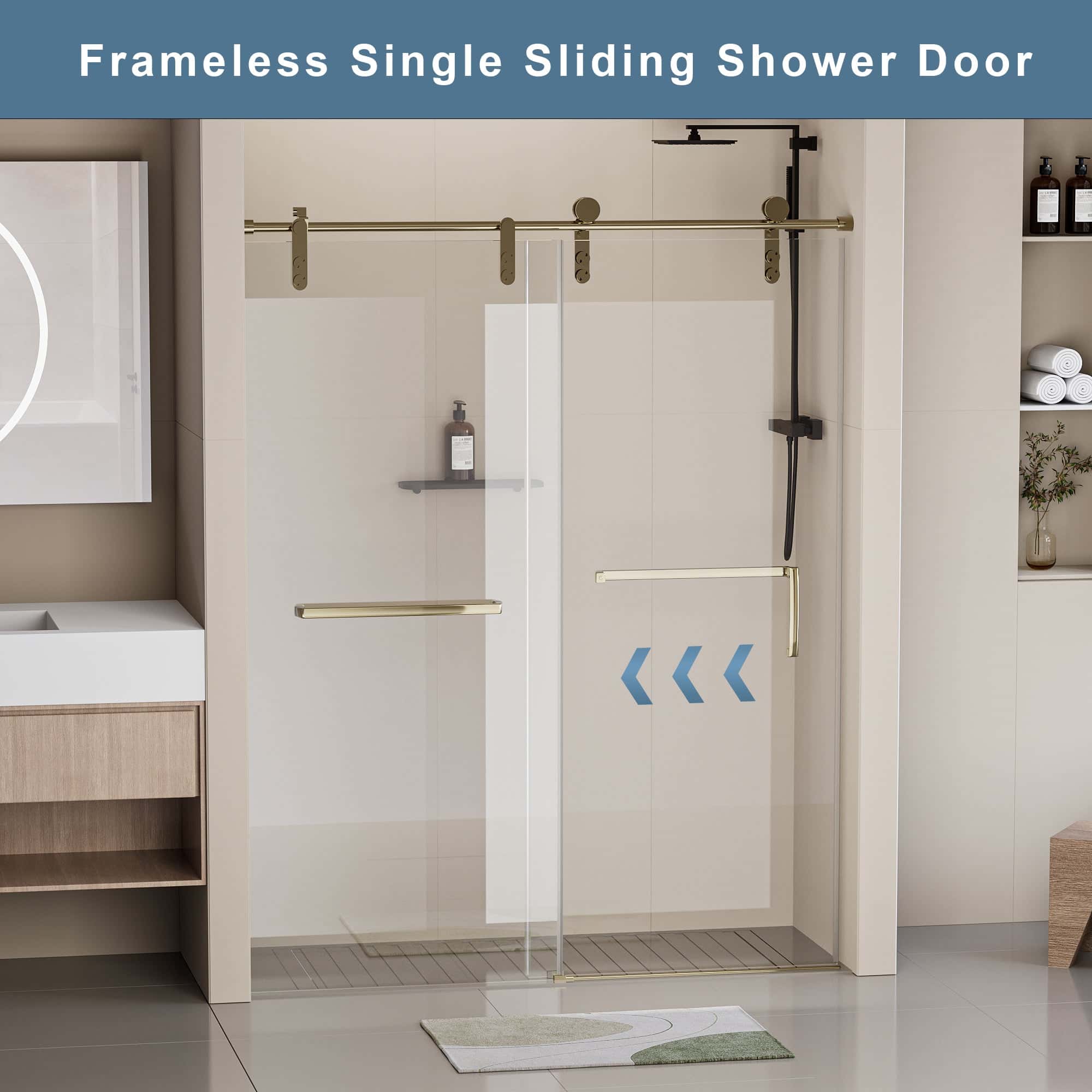 56-60"W x 76"H Frameless Shower Door, Single Sliding Shower Door, 5/16" (8mm) Clear Tempered Glass Shower Door with Explosion-Proof Film, Stainless Steel Hardware, Gold 24D210-60G-COMBO