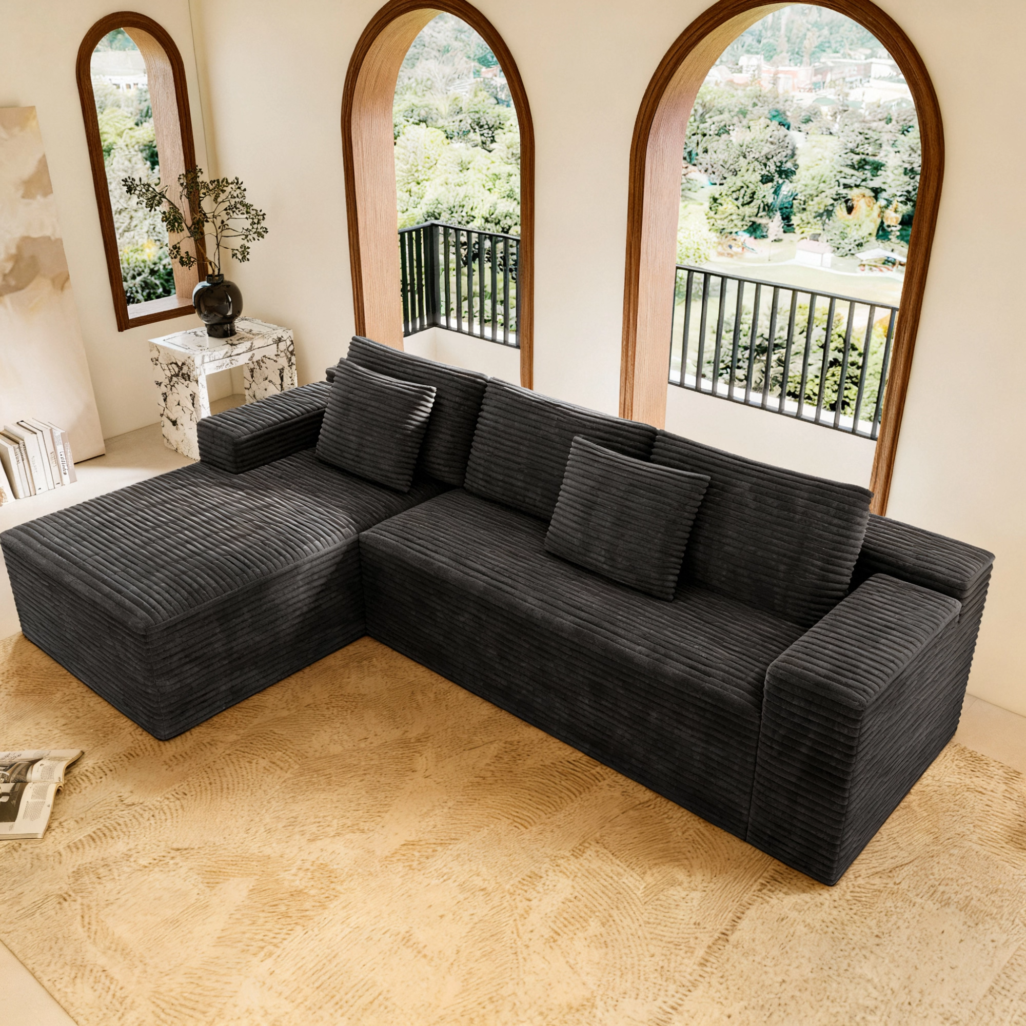 Grey corduroy modular sectional sofa, angled configuration view